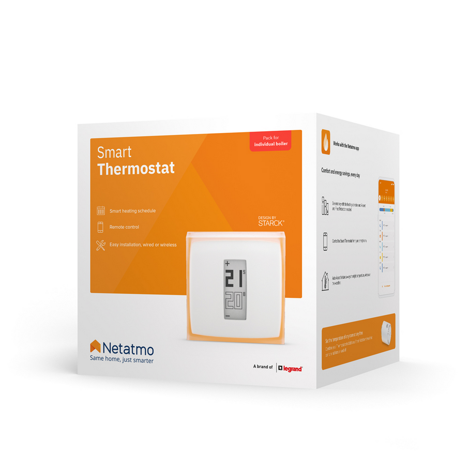 Caja de termostato inteligente con termostato y teléfono con interfaz de aplicación.