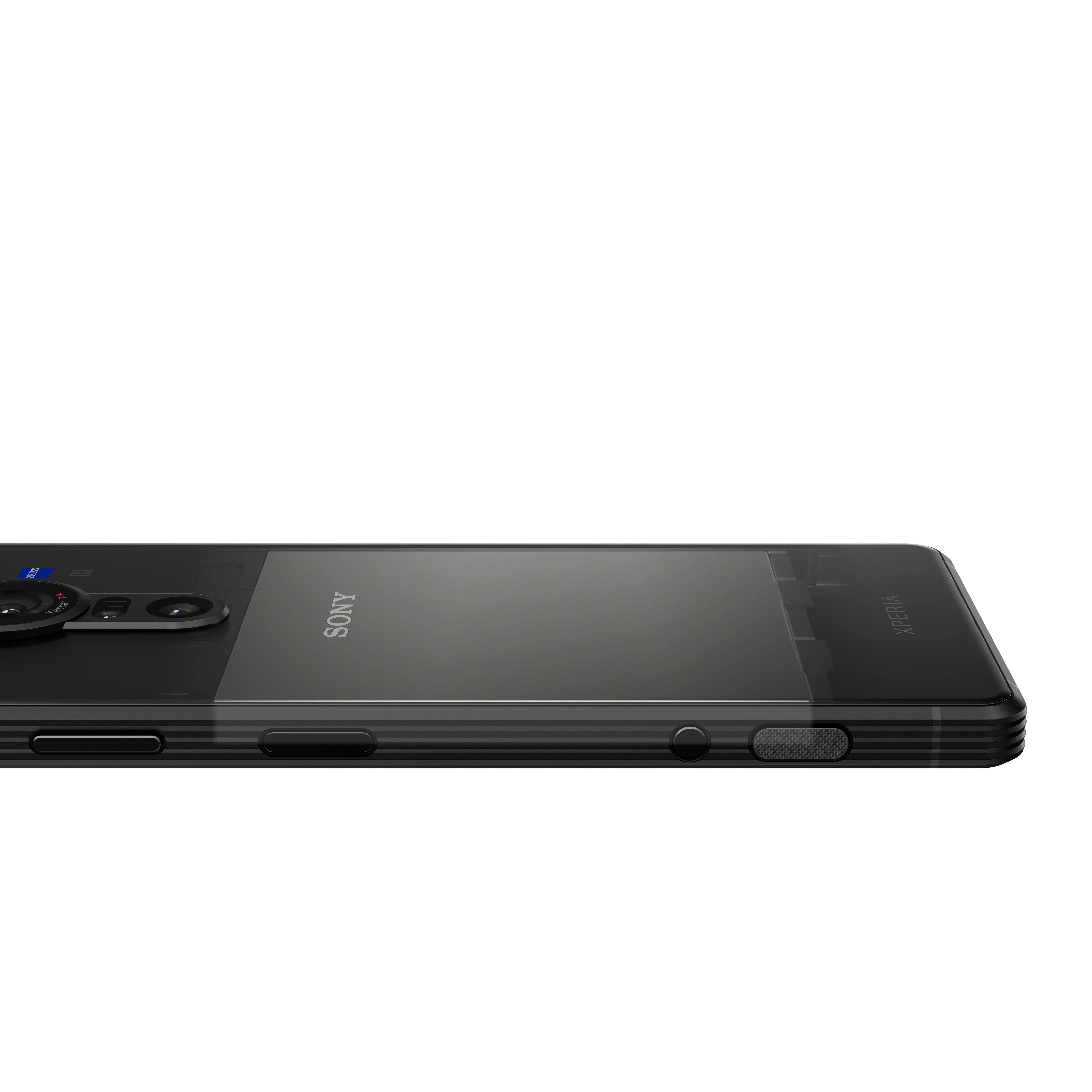Seitenansicht eines schwarzen Sony Xperia Smartphones. Der Bildschirm ist sichtbar, mit Sony-Logo.