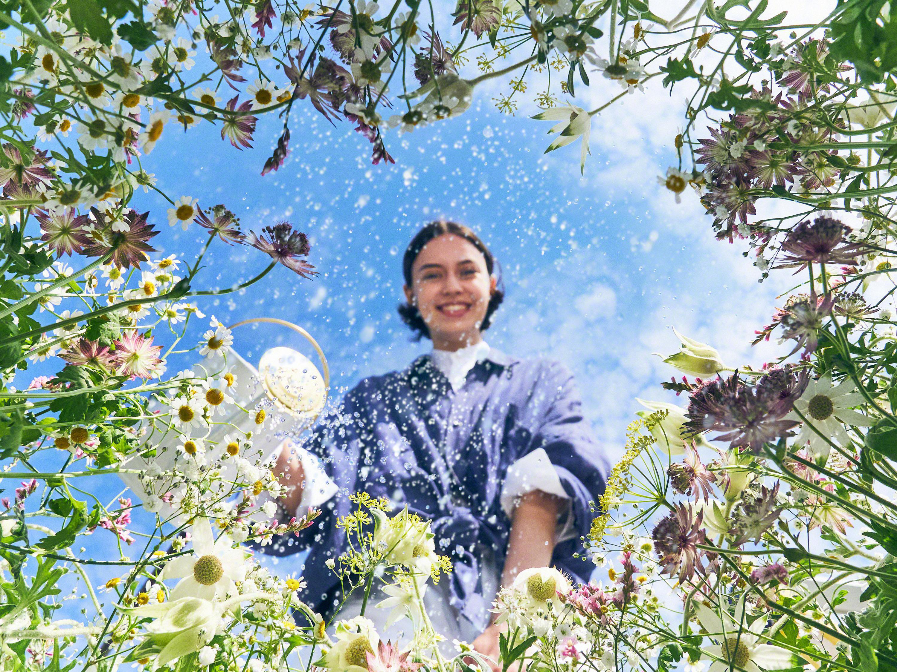 Frau gießt Blumen aus der Vogelperspektive. Umgeben von Blüten, blauer Himmel im Hintergrund.