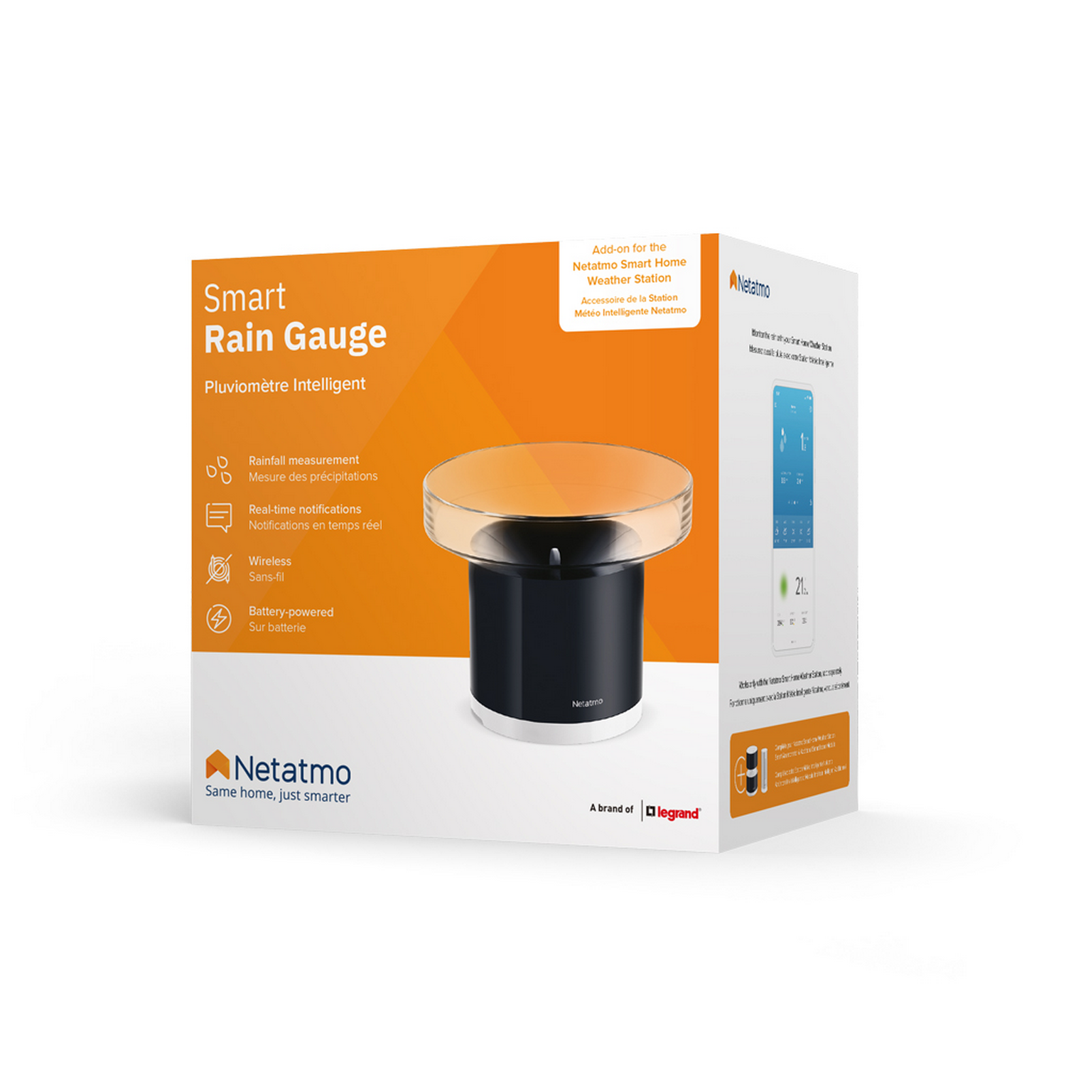 Medidor de lluvia inteligente en caja. Caja: blanca y naranja. Producto: negro y transparente.