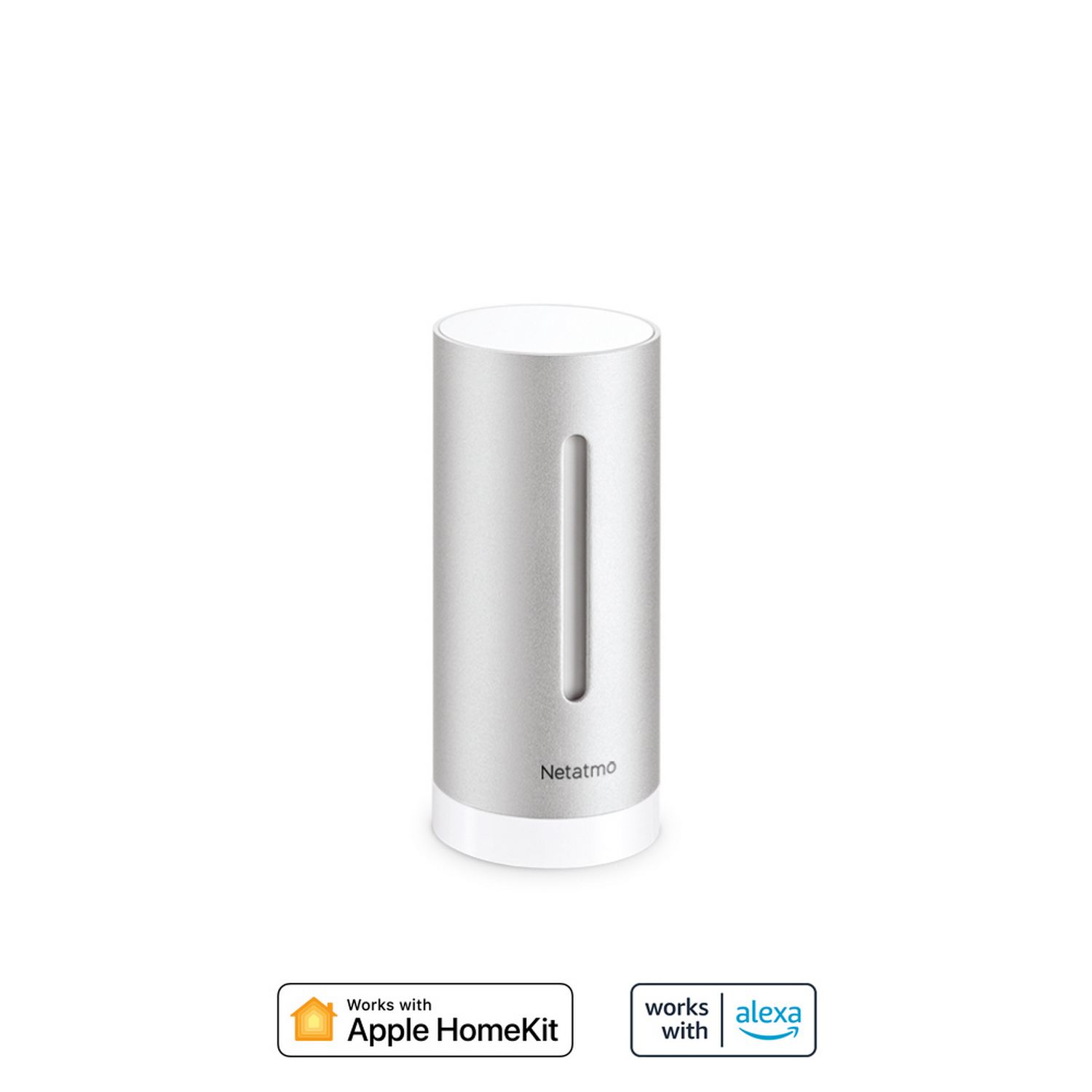 Dispositivo inteligente cilíndrico plateado. Lee 'Netatmo'. Funciona con HomeKit y Alexa.