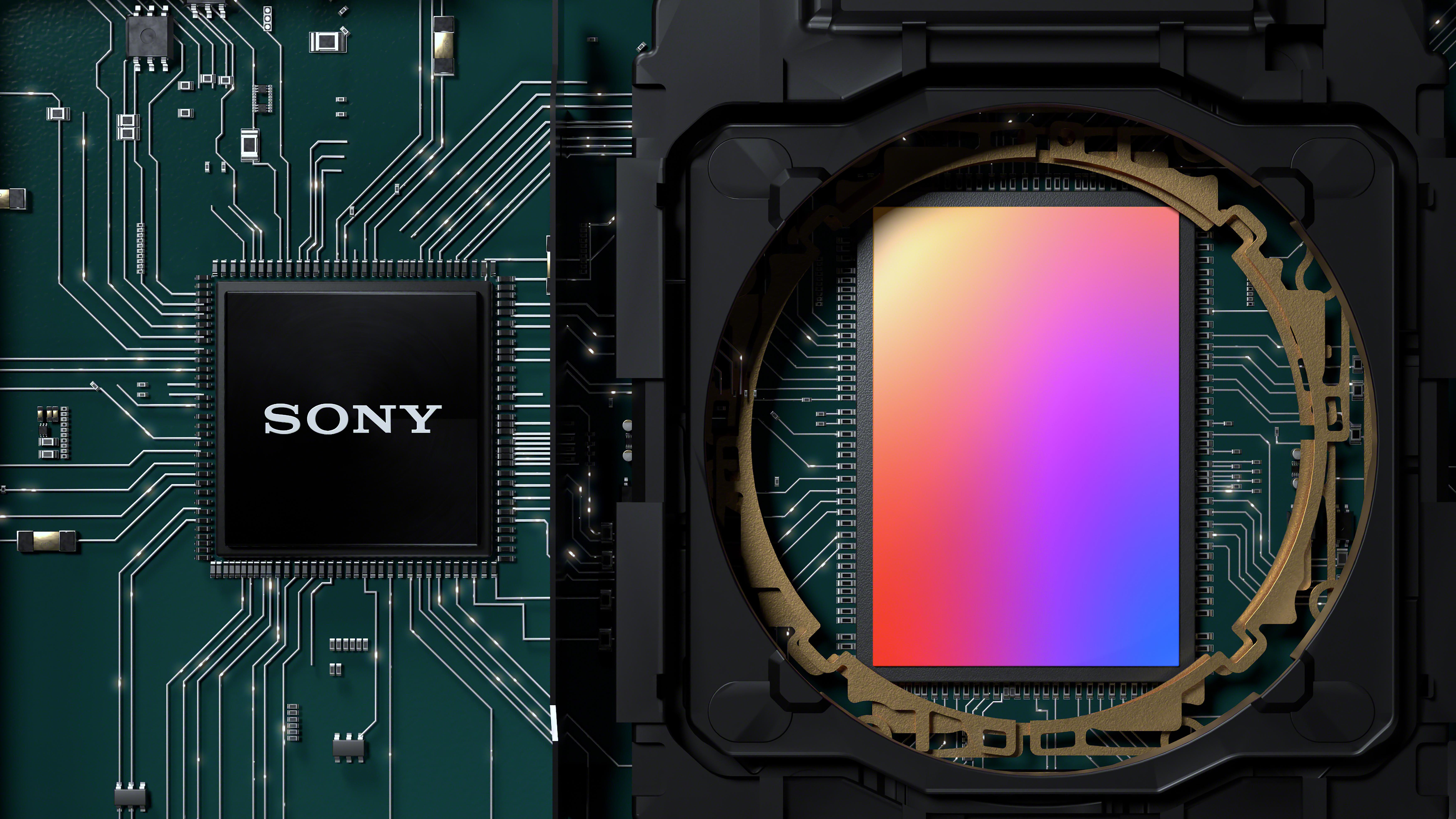 Elektronische Komponente mit einem Sony-Chip. Buntes Innere.