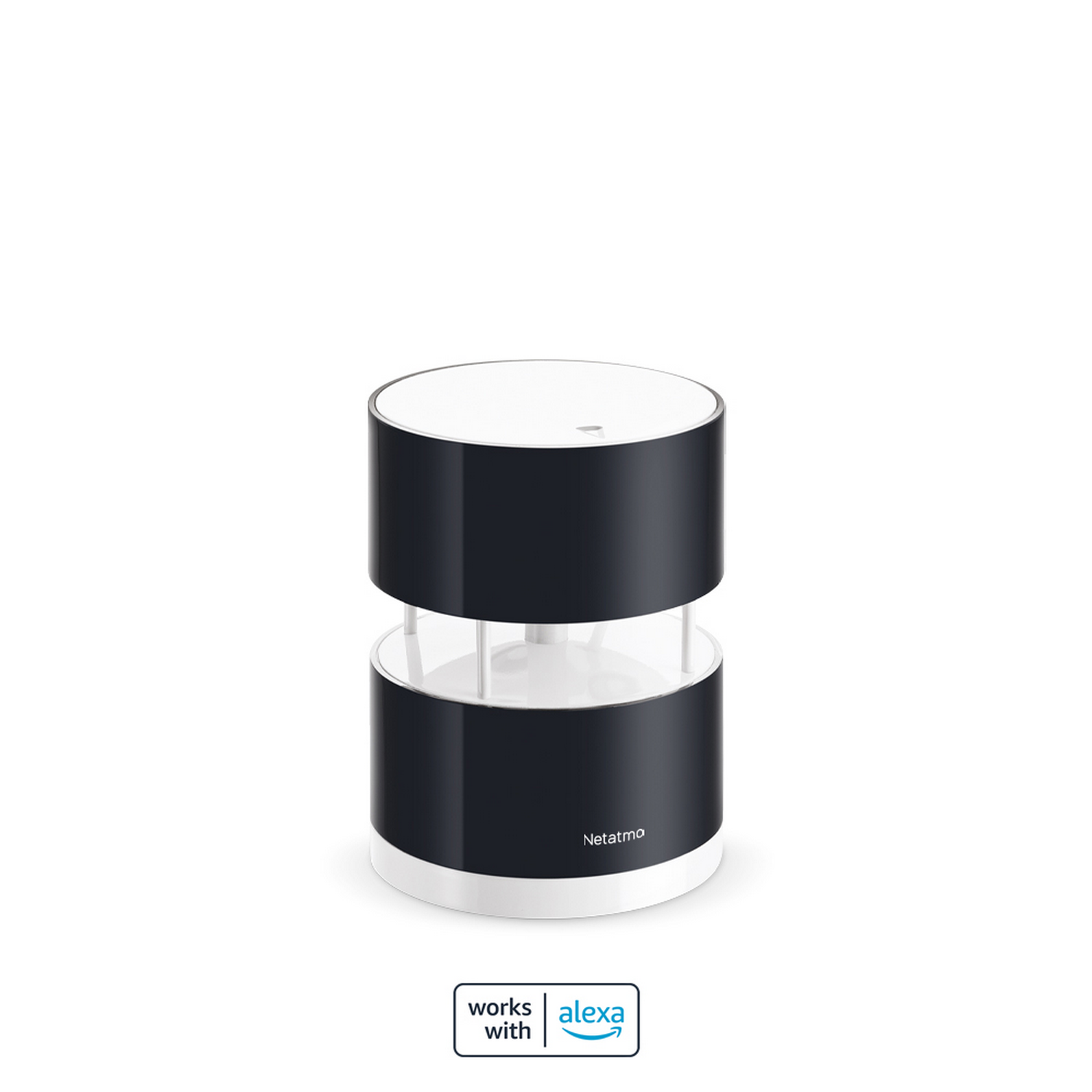 Un dispositivo Netatmo cilíndrico en blanco y negro con la etiqueta 'works with alexa'.
