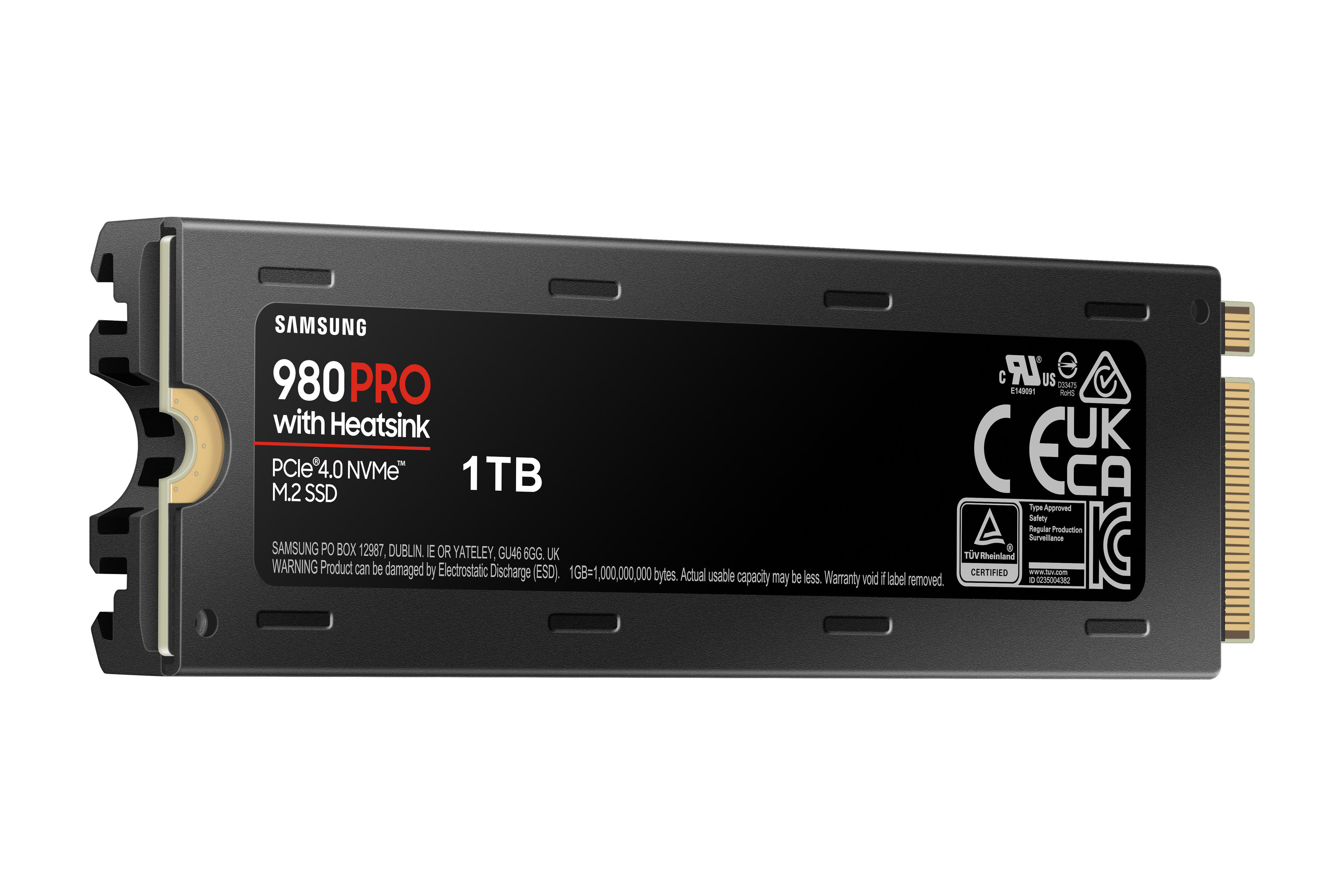 Schwarze Samsung 980 Pro SSD mit Kühlkörper, 1TB Kapazität, PCI Express-Schnittstelle.