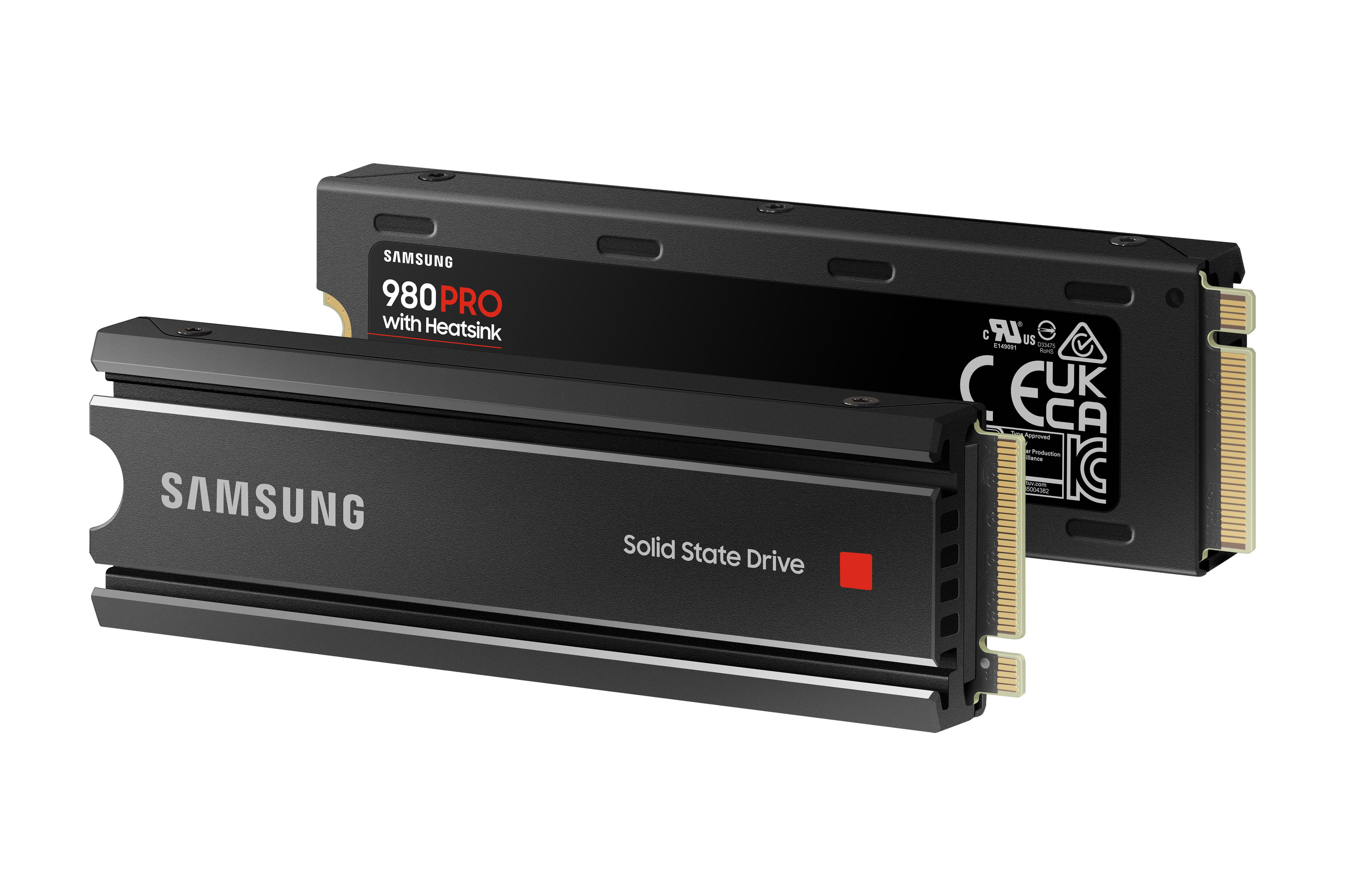 Zwei schwarze Samsung SSDs. Eine mit Kühlkörper und Text '980 Pro'. Die andere sagt 'Solid State Drive'.