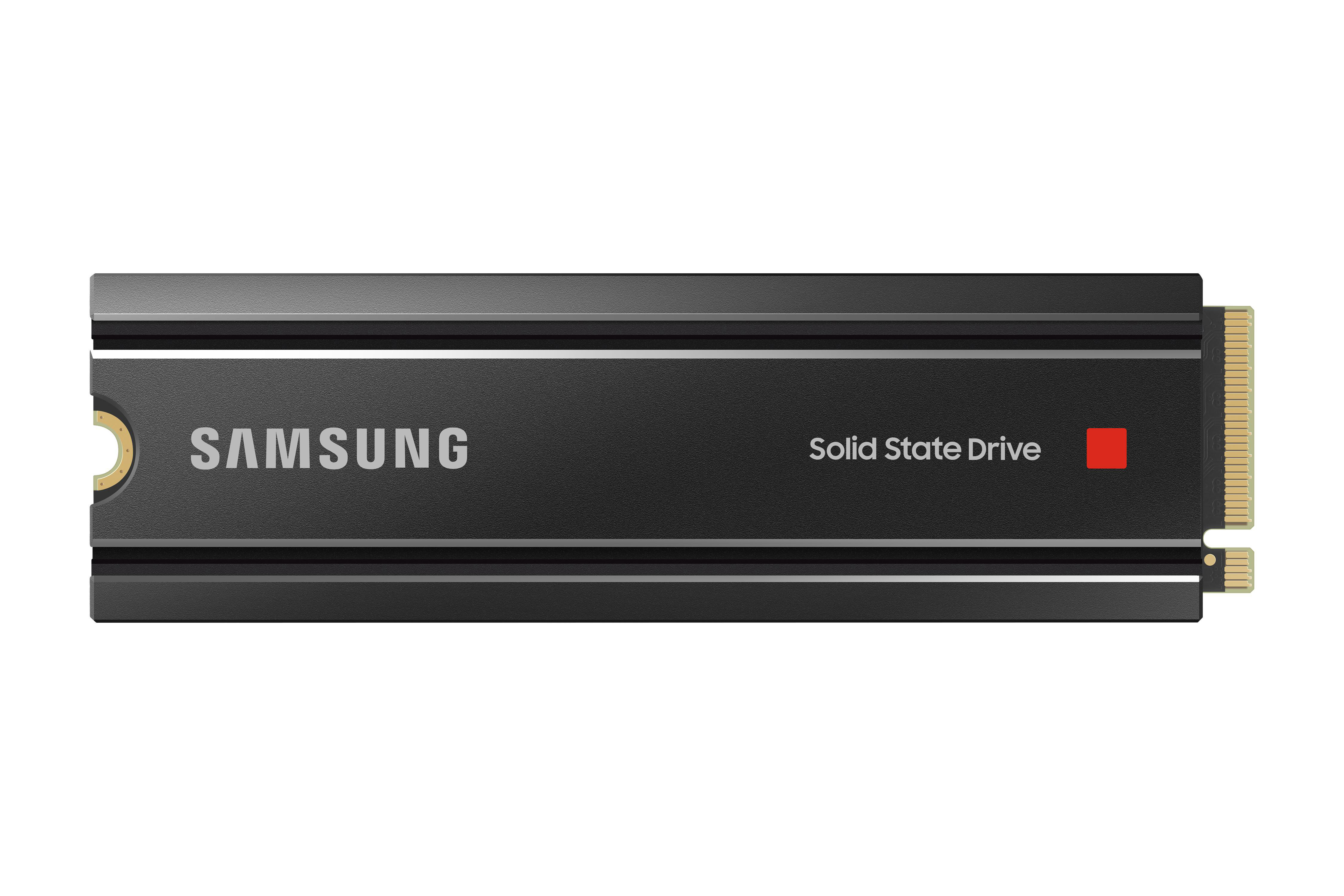 Eine schwarze Samsung SSD wird präsentiert. Sie hat den Markennamen und befindet sich auf weißem Hintergrund.