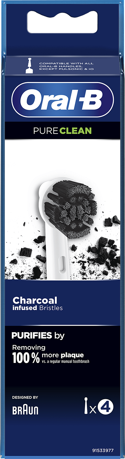 Oral-B Pure Clean toothbrush head packaging, with a charcoal-infused bristle design.