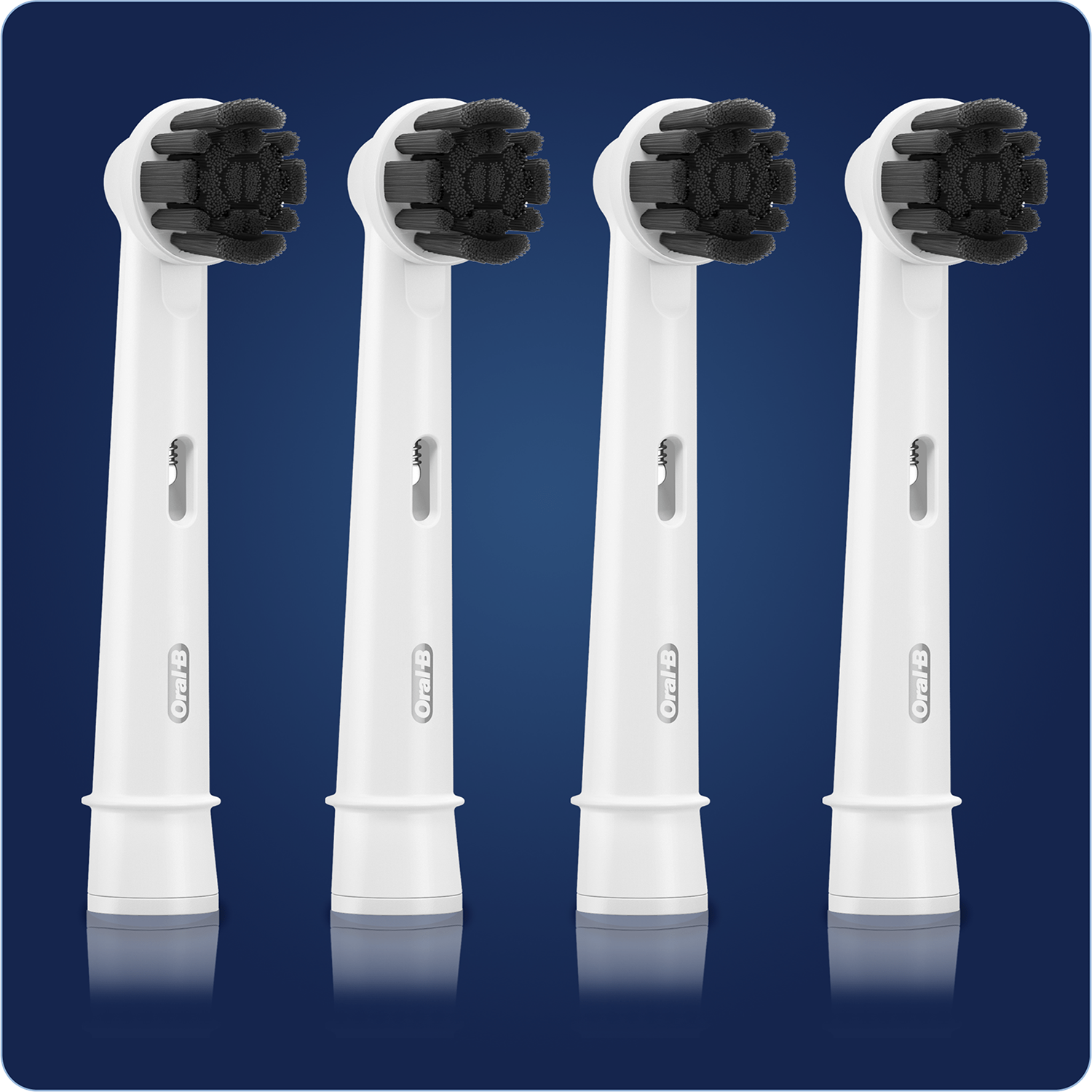 Four white Oral-B toothbrush heads with black bristles, arranged vertically on a blue background.