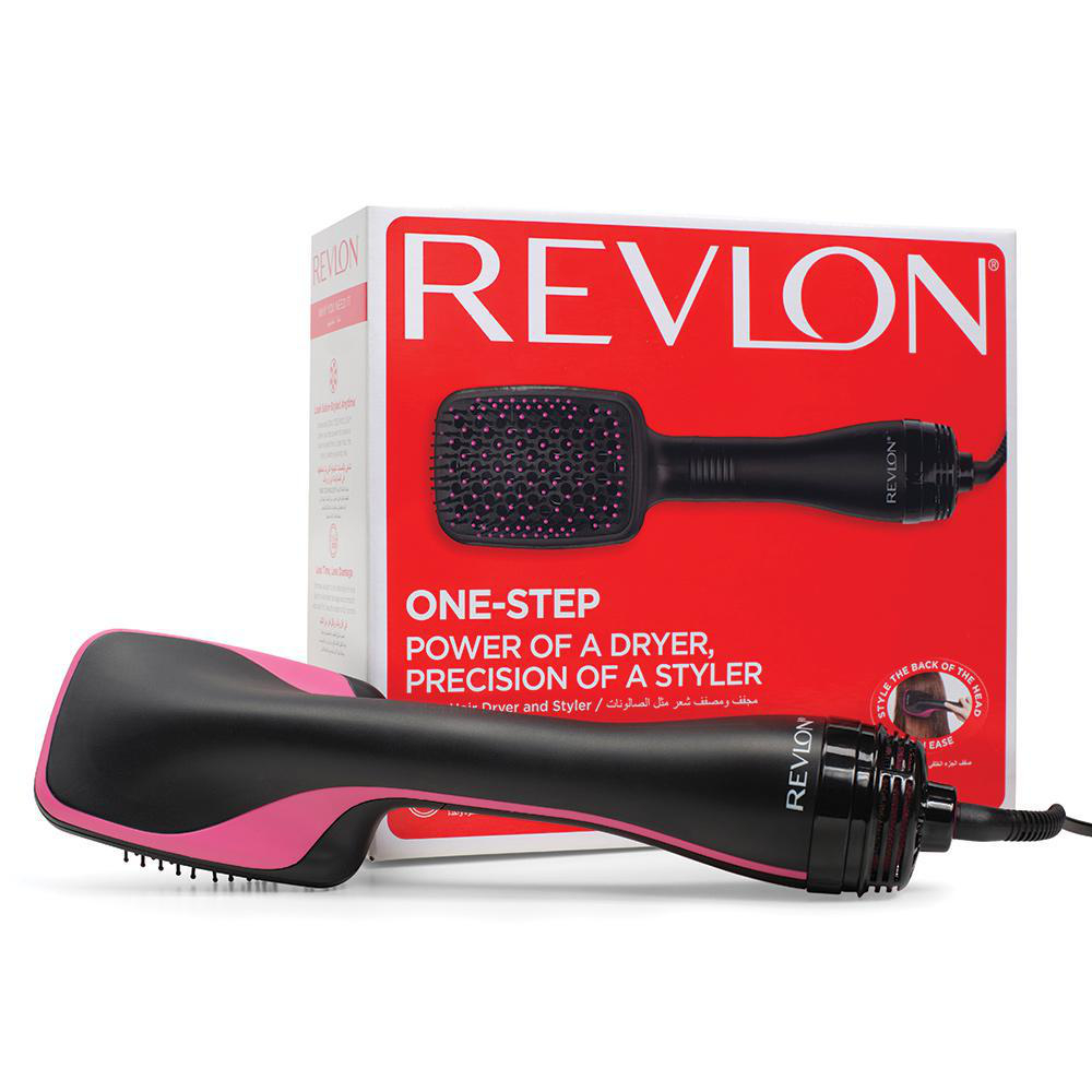 Ein schwarzer und rosa Revlon-Haartrockner und seine rote Schachtel werden auf einer weißen Oberfläche angezeigt.