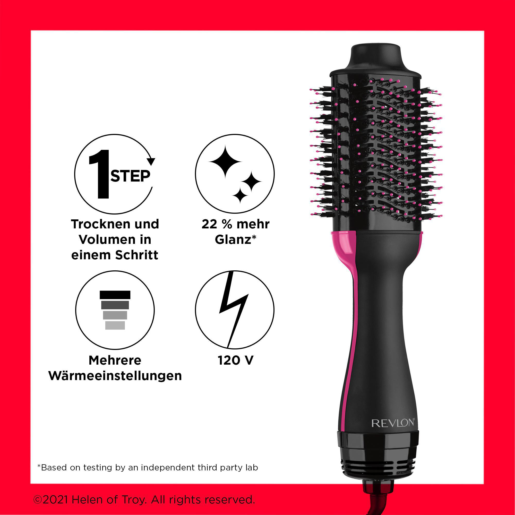 Ein pink-schwarzer Revlon Haarstyler mit Symbolen, die Merkmale und Spezifikationen anzeigen.