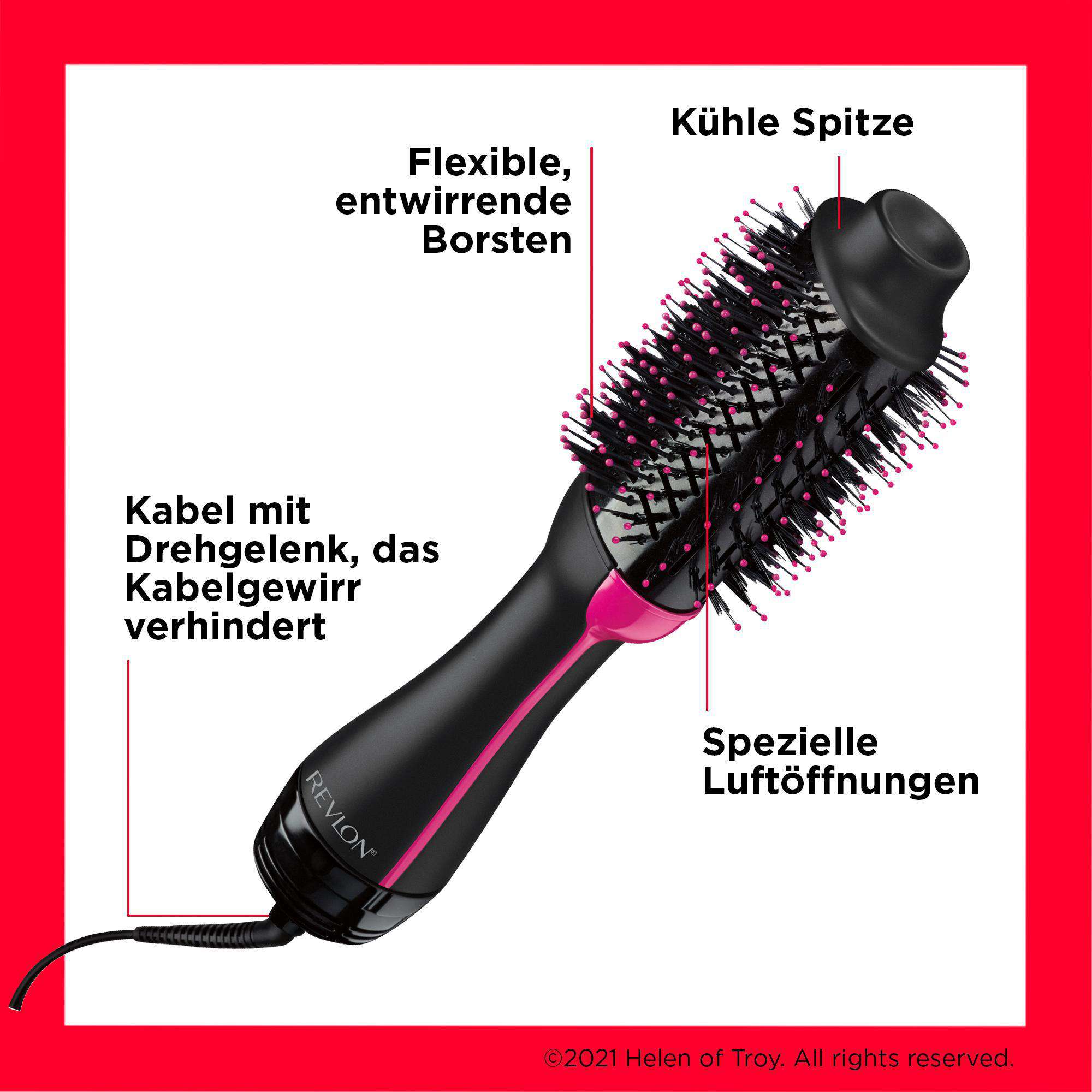 Schwarz-pinke Revlon Haartrocknerbürste mit Beschriftung.