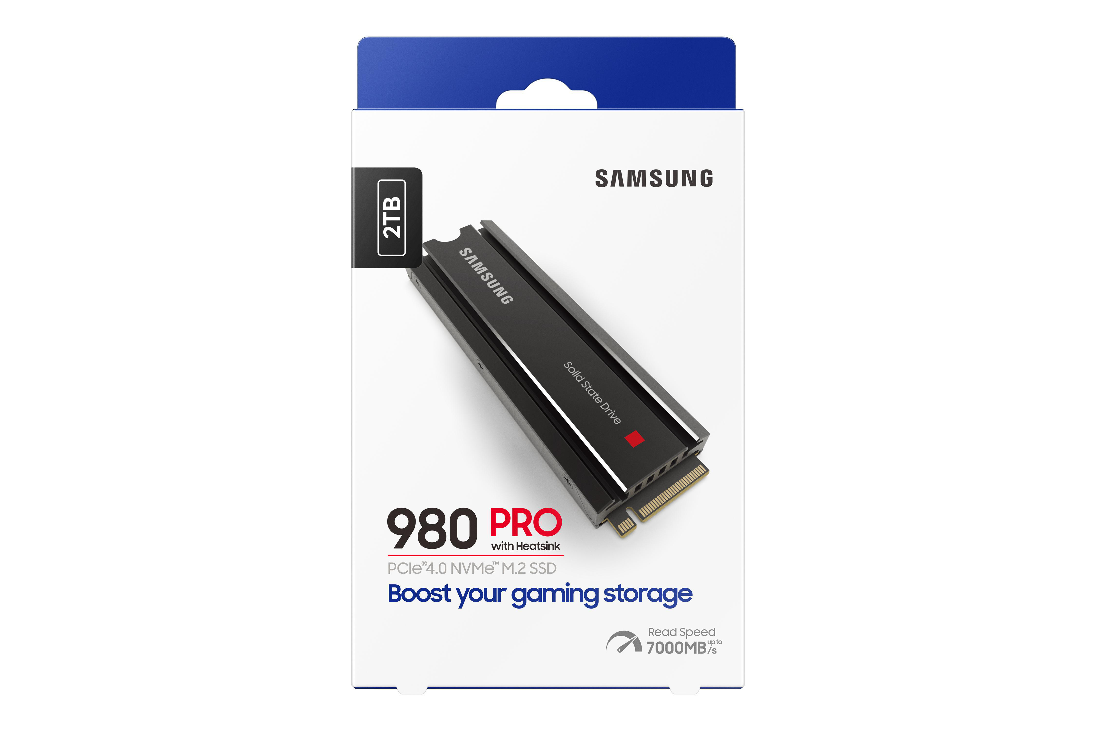 Eine schwarze Samsung SSD-Box mit dem Text '980 Pro' darauf. Weißer Hintergrund mit blauem Deckel.