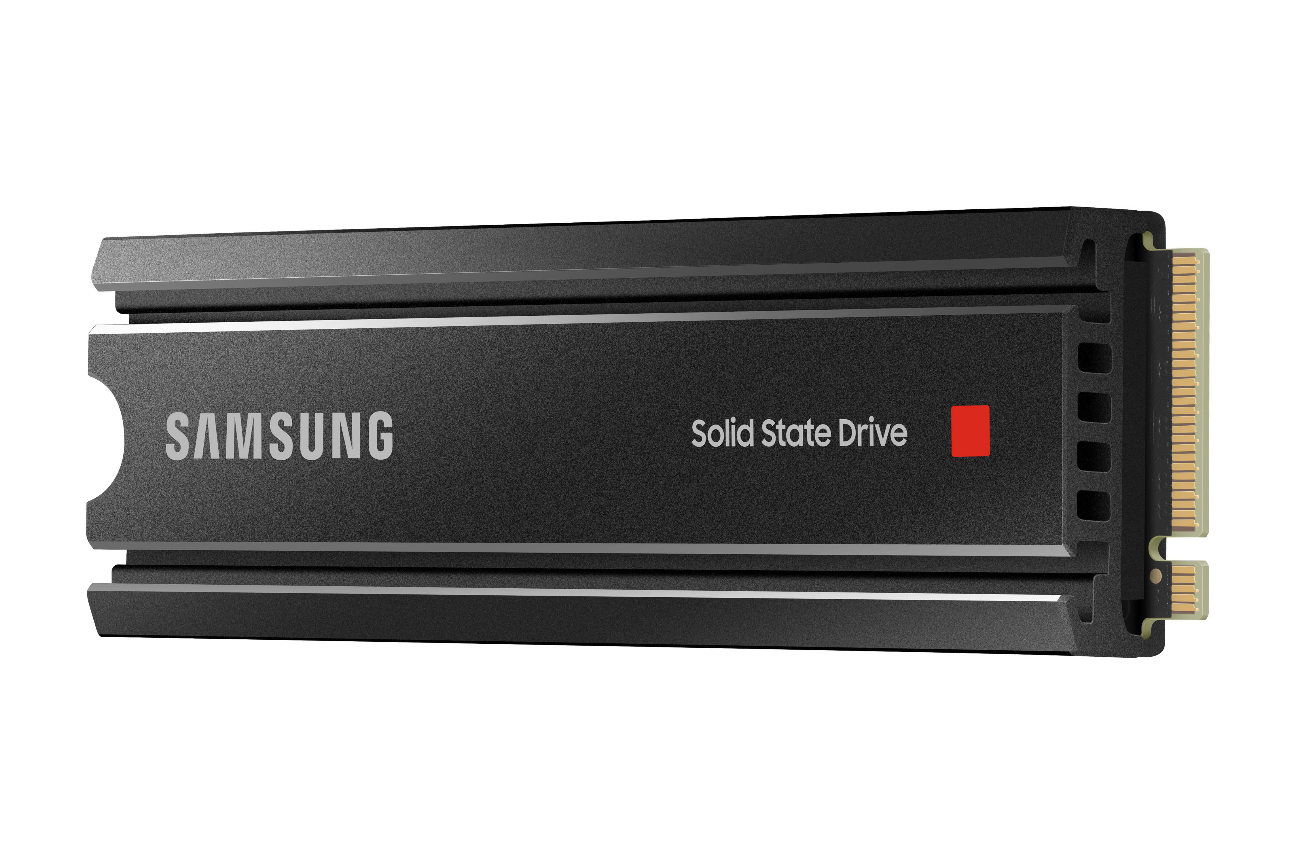 Schwarze Samsung Solid State Drive mit sichtbarem Markennamen und Produktnamen.