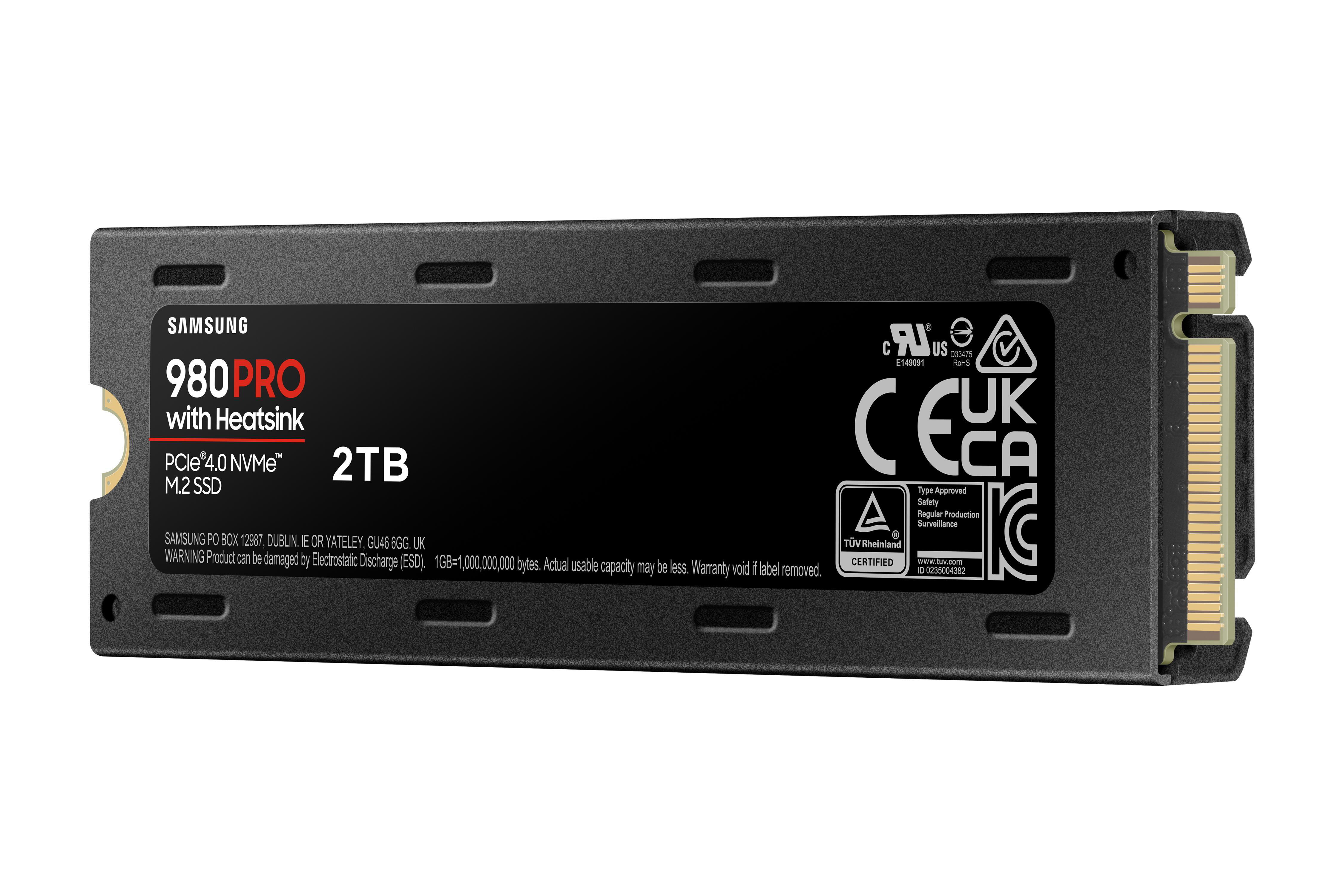 Eine schwarze Samsung 980 PRO SSD mit Kühlkörper, 2TB und verschiedenen Zertifizierungen.