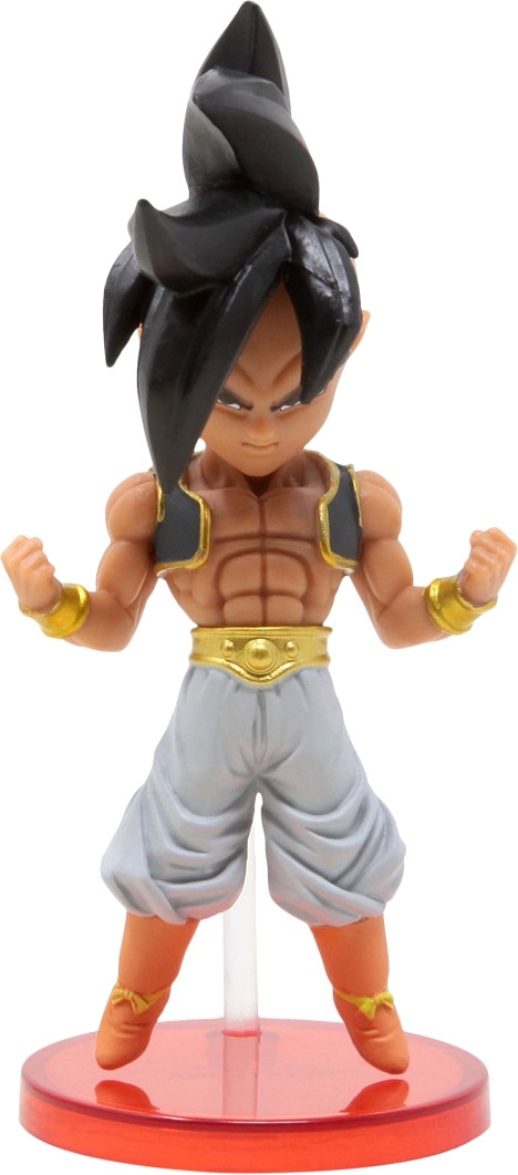 Figurine Dragon Ball Z. Personnage aux cheveux noirs en pose d'action. Socle rouge.