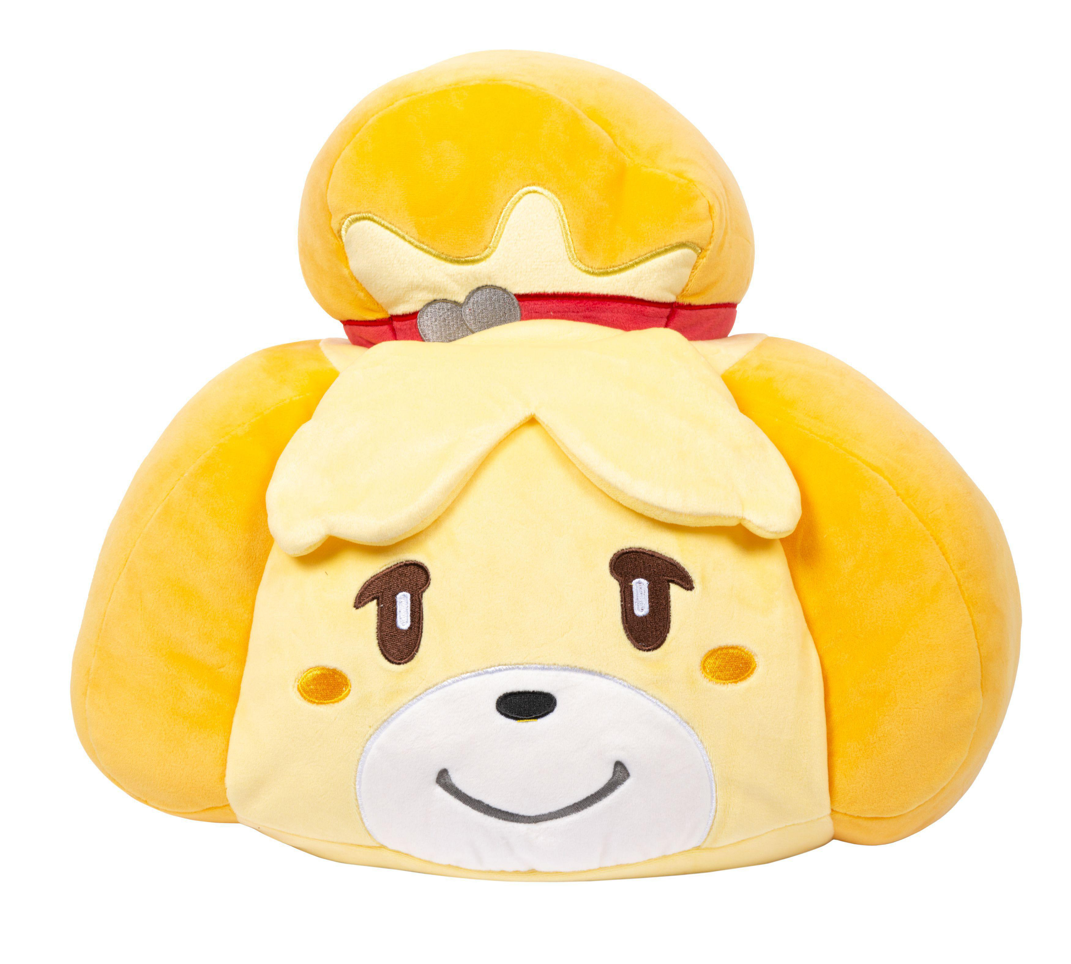 Ein gelbes Plüschtier von Isabelle aus Animal Crossing, mit rotem Kragen und Hut.