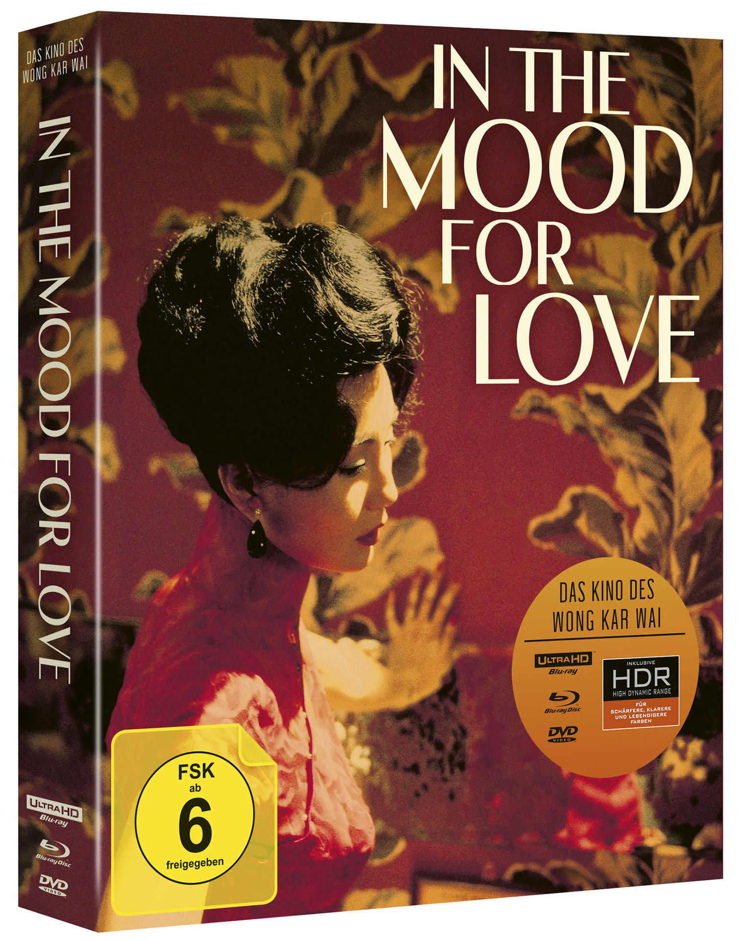 'In the Mood for Love' DVD-Box. Frau in rotem Kleid, Seitenprofil, roter Hintergrund.