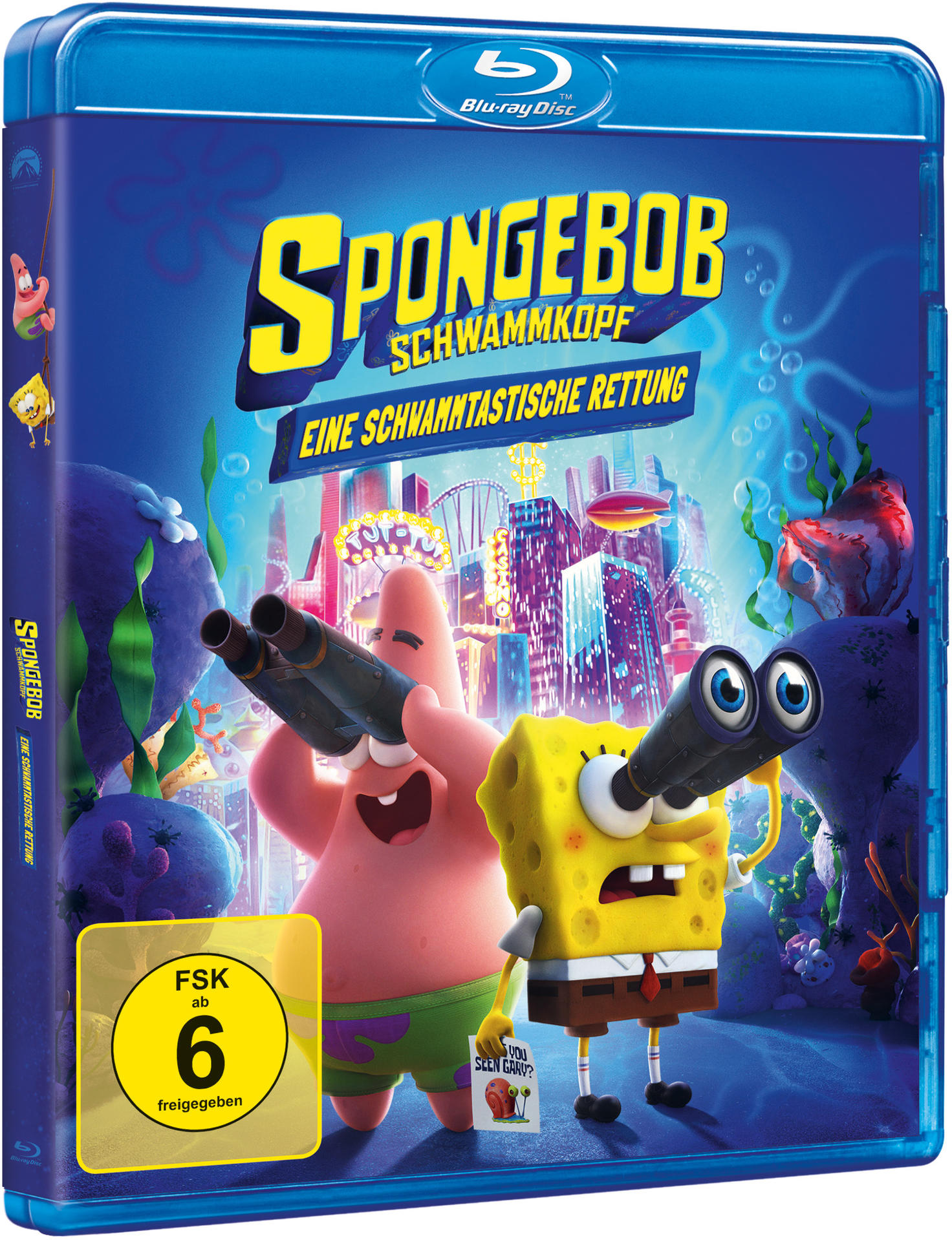 SpongeBob Film Blu-ray Disc. SpongeBob und Patrick schauen durch Ferngläser. Bunter Unterwasserhintergrund.