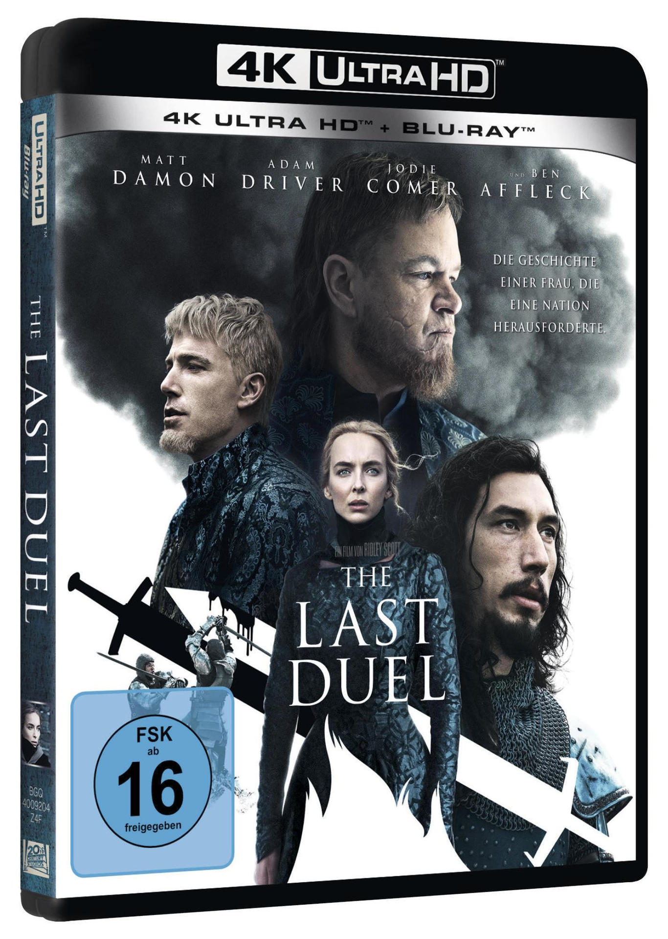 Filmcover von "The Last Duel" mit den Schauspielern Matt Damon, Adam Driver und Ben Affleck.