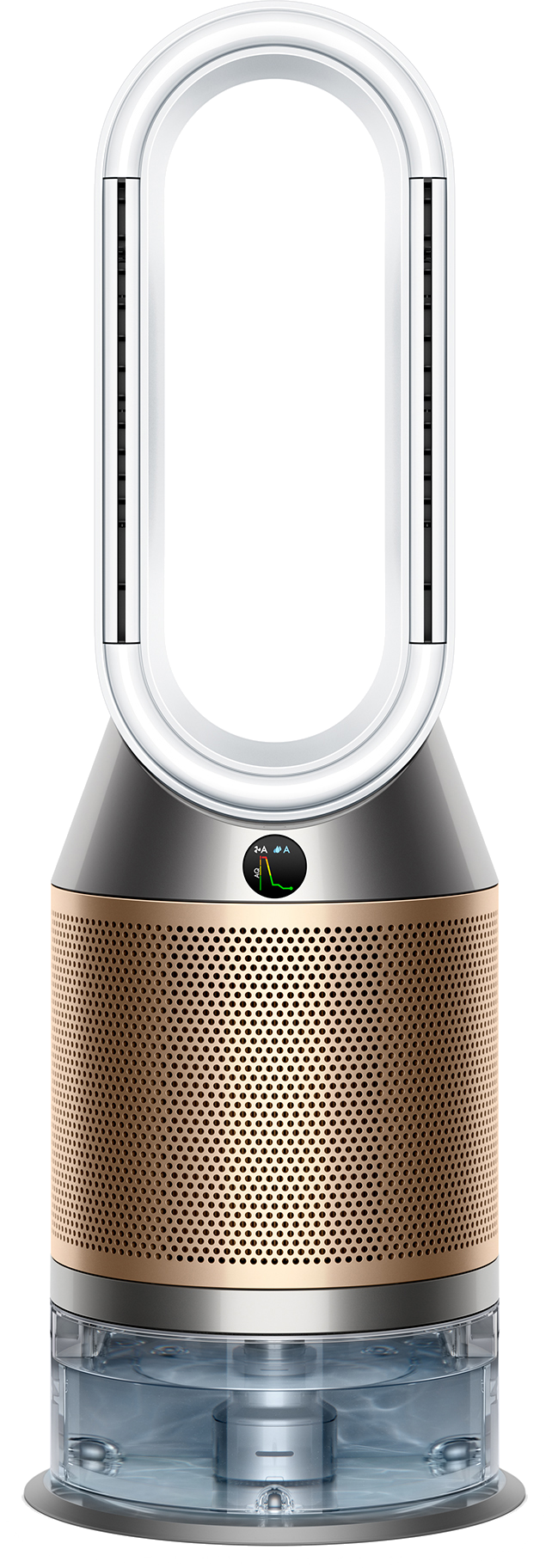 Hoge, slanke luchtreiniger met zilveren bovenkant, gouden mesh body en een heldere basis.