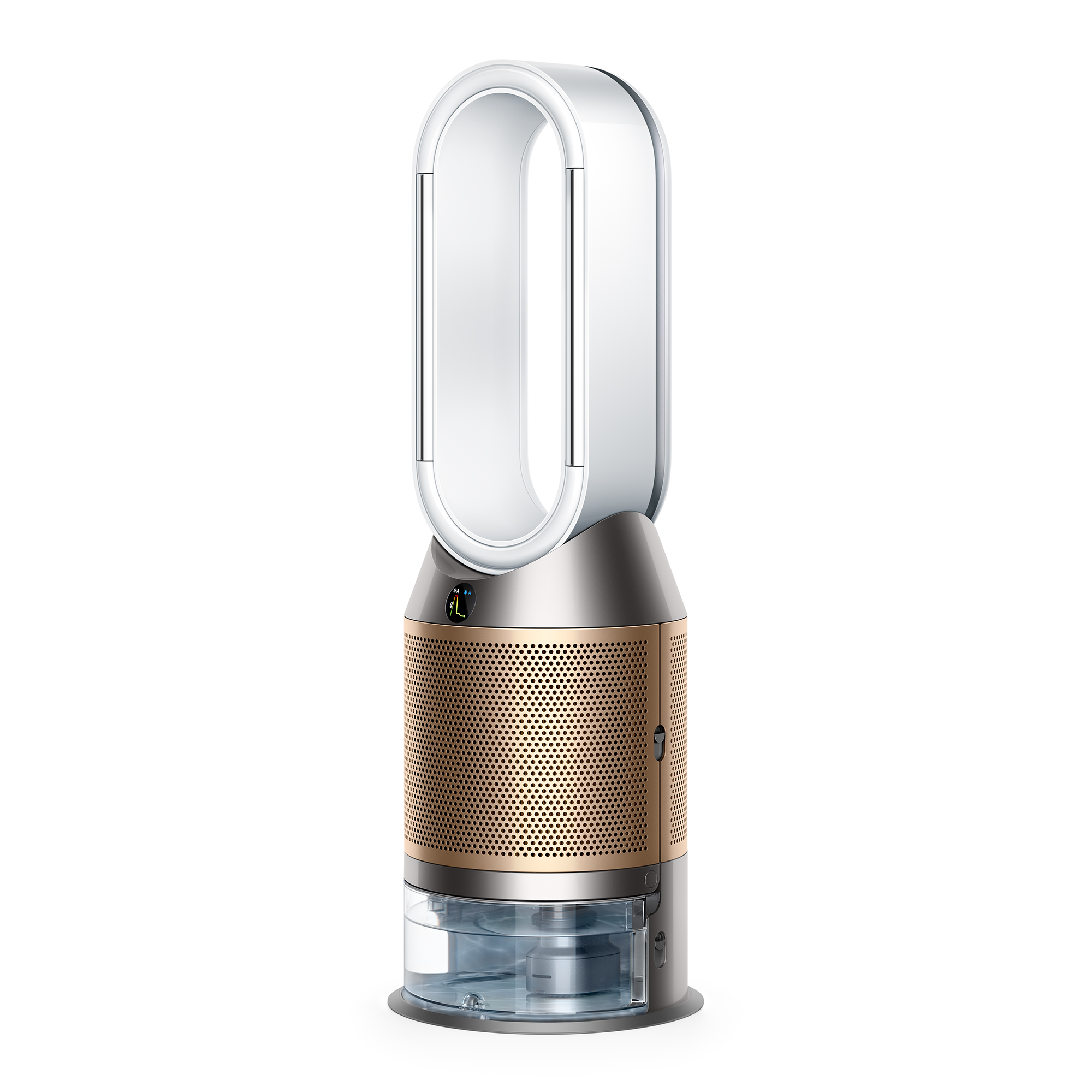 Een zilveren en gouden Dyson-ventilator met een ovale opening. Hij heeft een display en een voet.