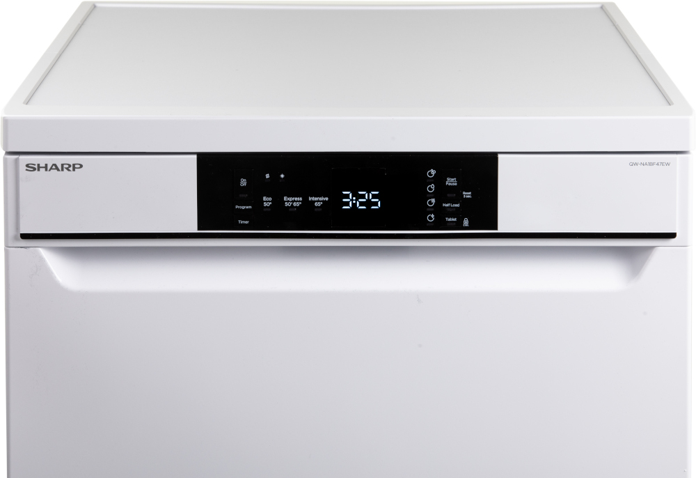 A white dishwasher with a digital display showing time.