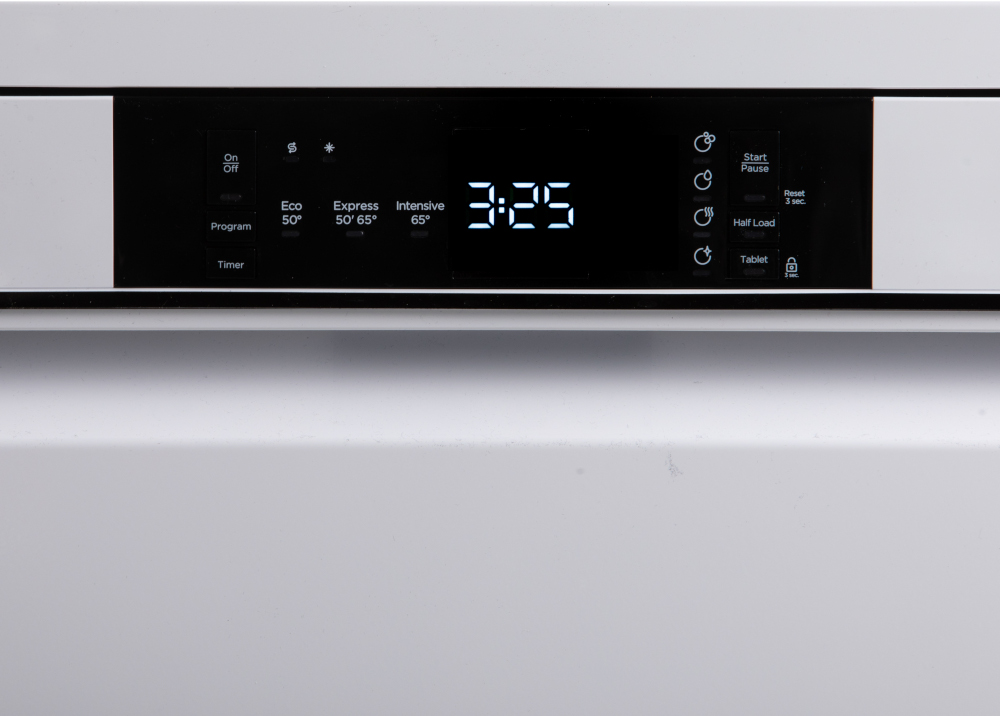 Dishwasher control panel with a digital display showing 3:25 and several program options.