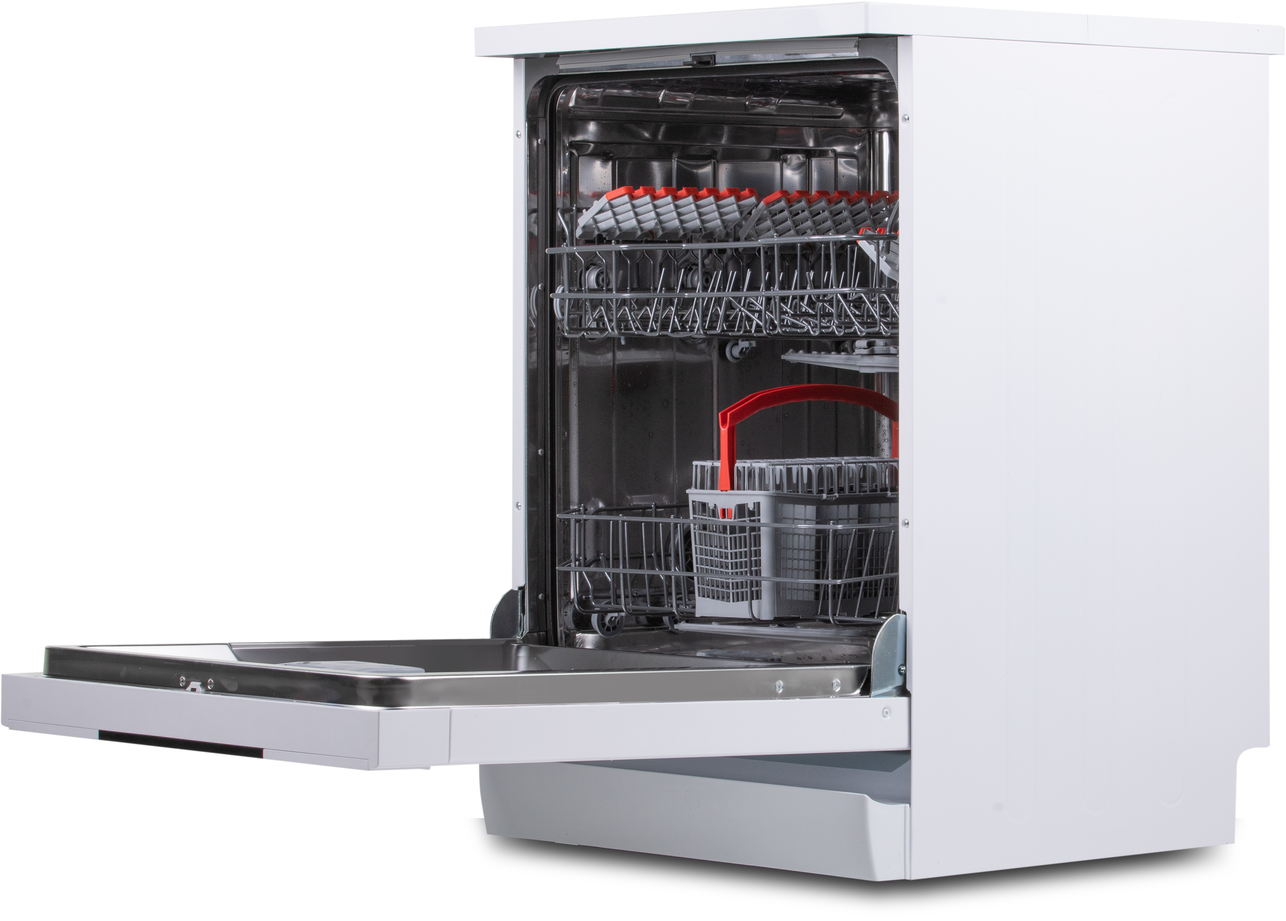White dishwasher with the door open showing racks and baskets.