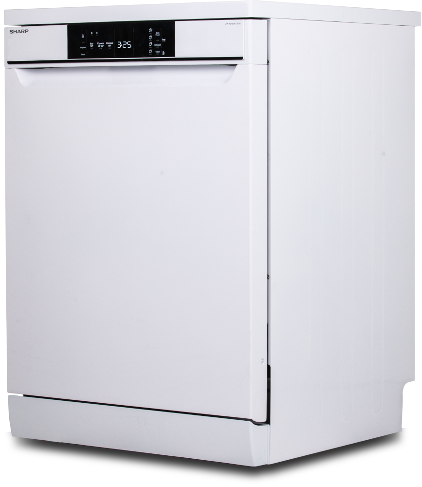 A white dishwasher. It has a control panel at the top with buttons and a display.