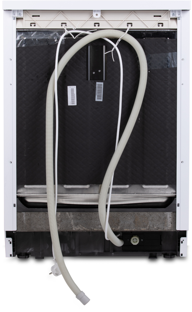 Back of a white dishwasher with a grey hose and a plug. The insides are dark and black.