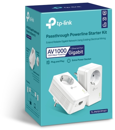 Eine TP-Link-Box zeigt Netzwerkgeräte. Es gibt ein Bild von zwei Powerline-Adaptern und Text.