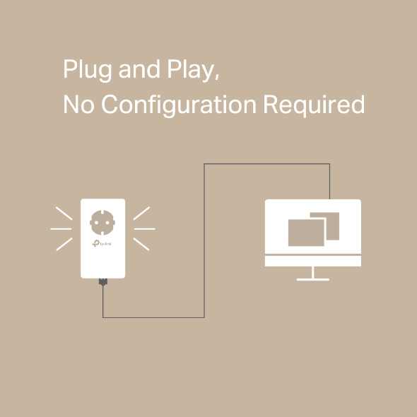Diagramm eines weißen Plug-in-Geräts und eines Computers, verbunden durch ein graues Kabel. Text: Plug and Play.