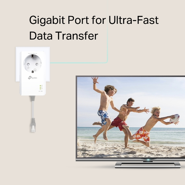 Ein Powerline-Adapter, der an einen Fernseher angeschlossen ist. Drei Jungen spielen am Strand mit einem Ball.
