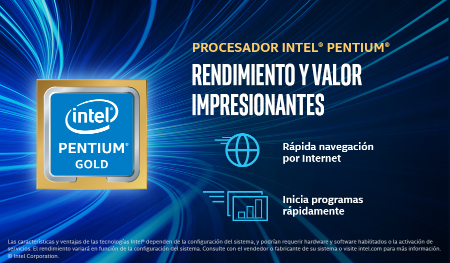 Anuncio del procesador Intel Pentium. Tiene un chip dorado y texto en azul.