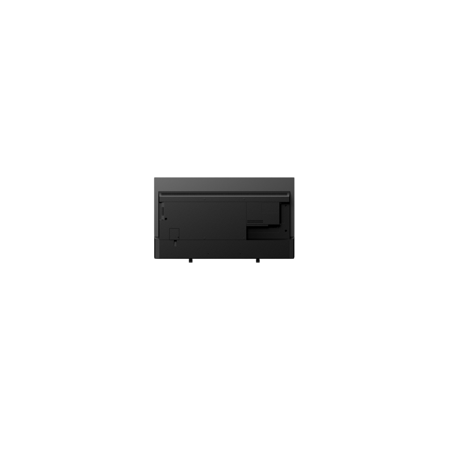 La parte trasera de un televisor negro con puertos y conexiones. El fondo es completamente negro.