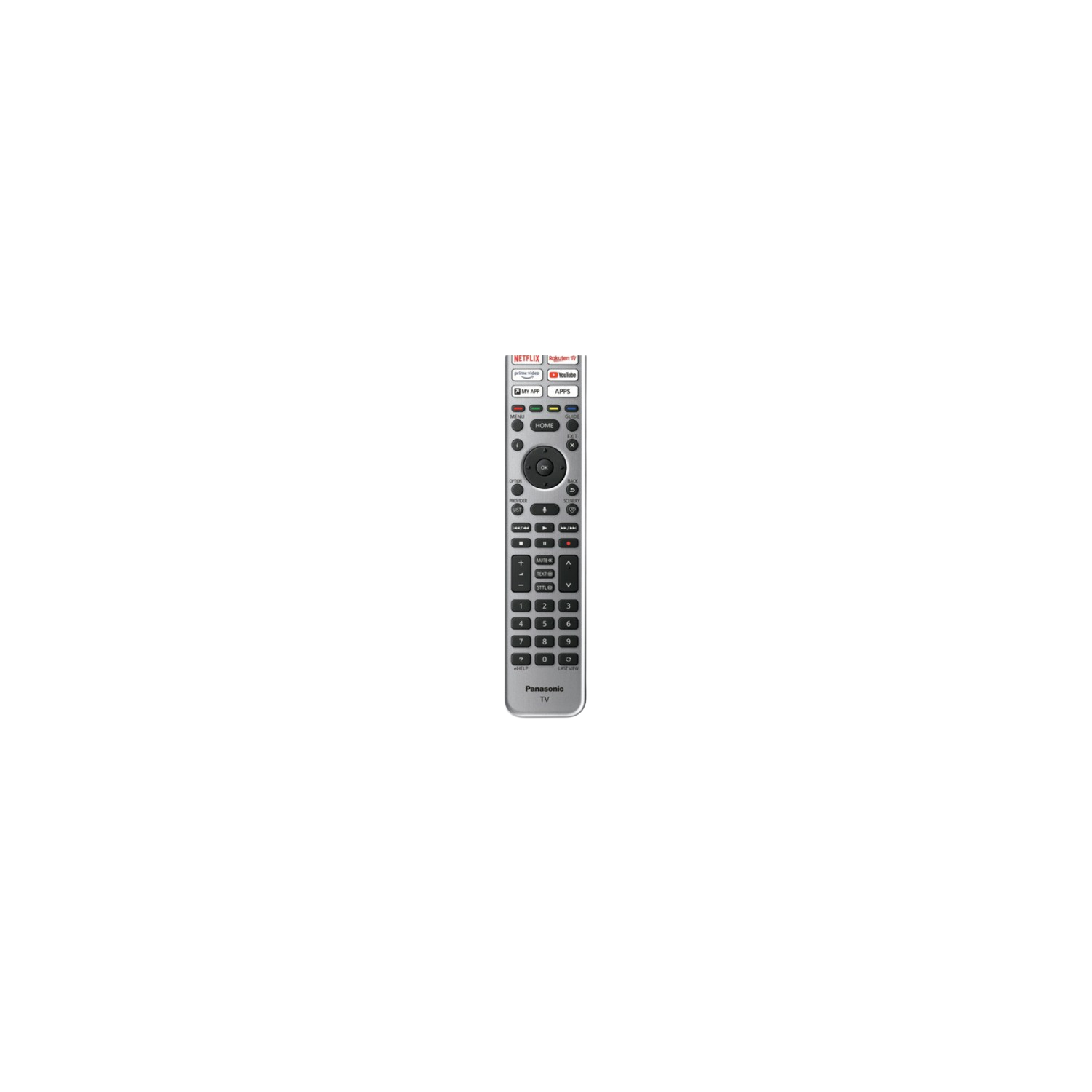 Un mando a distancia plateado sobre un fondo negro con muchos botones.