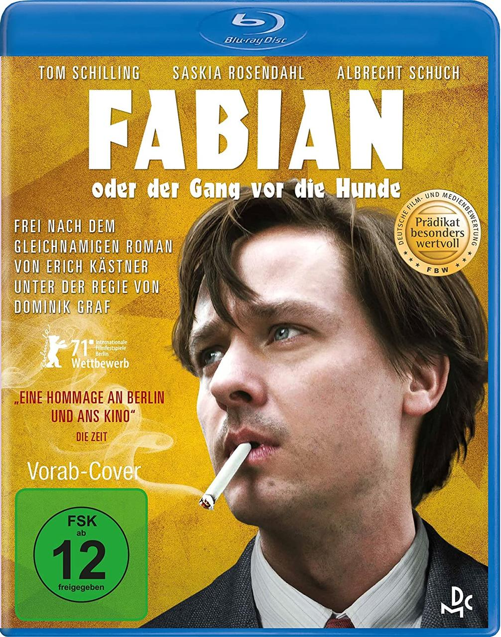 Blu-ray-Cover. Mann raucht, Titel 'Fabian' in Großschrift. Gelbes, blaues und weißes Farbschema.