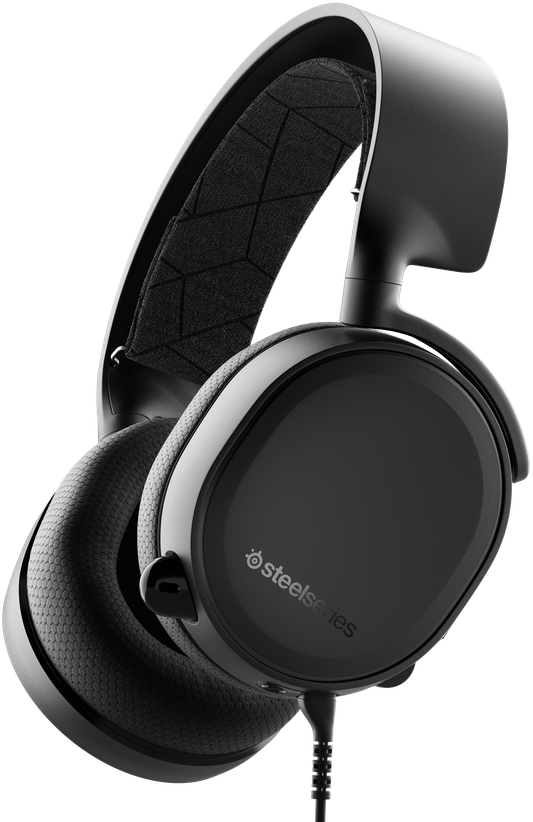 Zwarte SteelSeries hoofdtelefoon met een microfoon. Oorschelpen en hoofdband zijn zichtbaar.