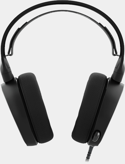 Zwarte hoofdtelefoon met zachte oorschelpen en een flexibele hoofdband op een witte achtergrond. Een kabel komt uit de rechter oorschelp.