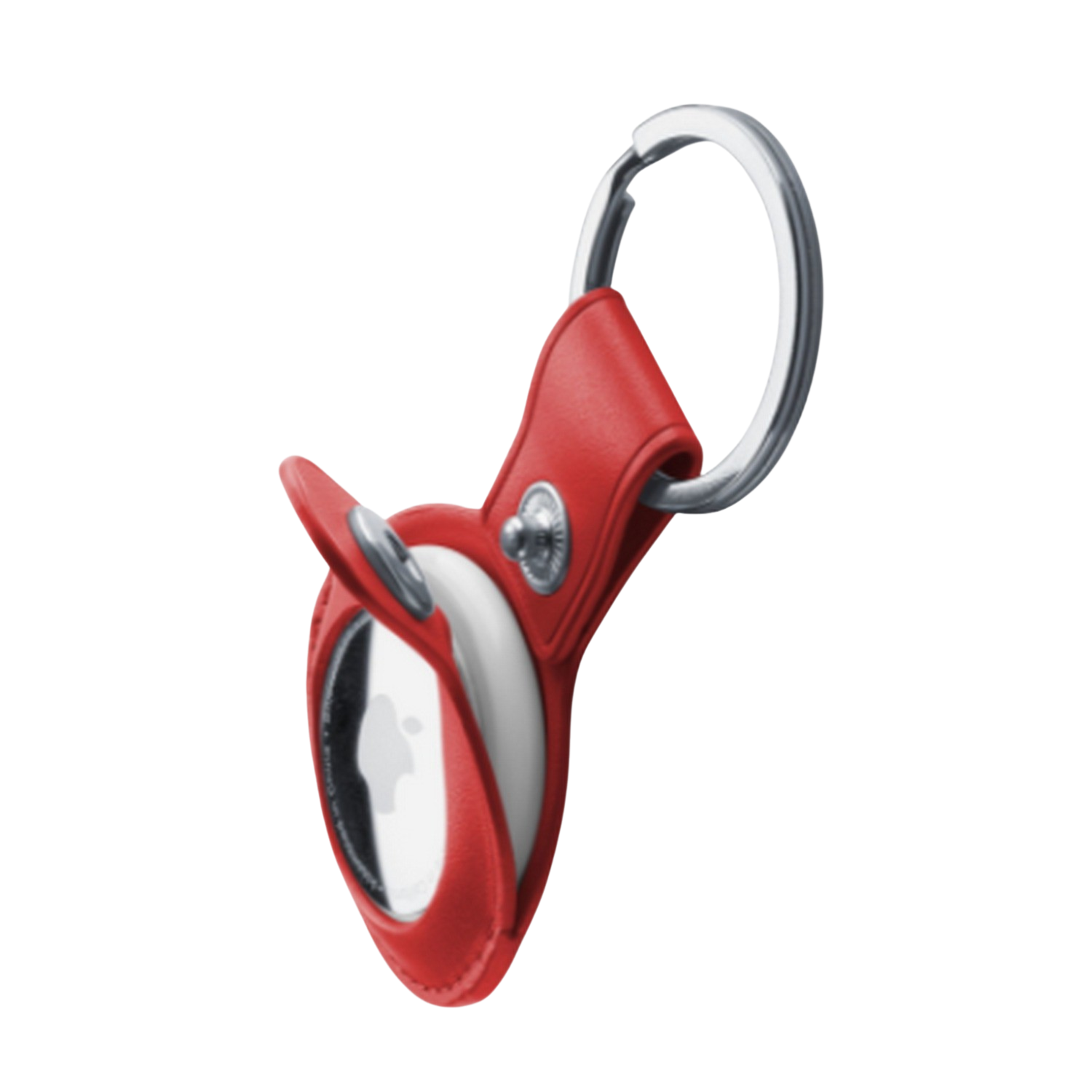 Soporte rojo para AirTag con un llavero plateado. El soporte tiene forma de círculo.