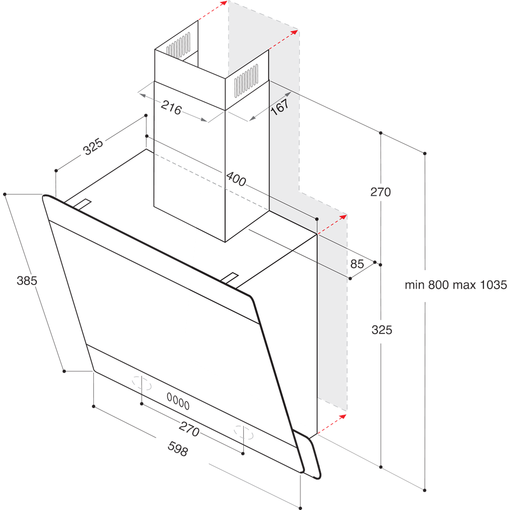 Konyhai páraelszívó diagramja méretekkel, felülnézet és hátulnézet.