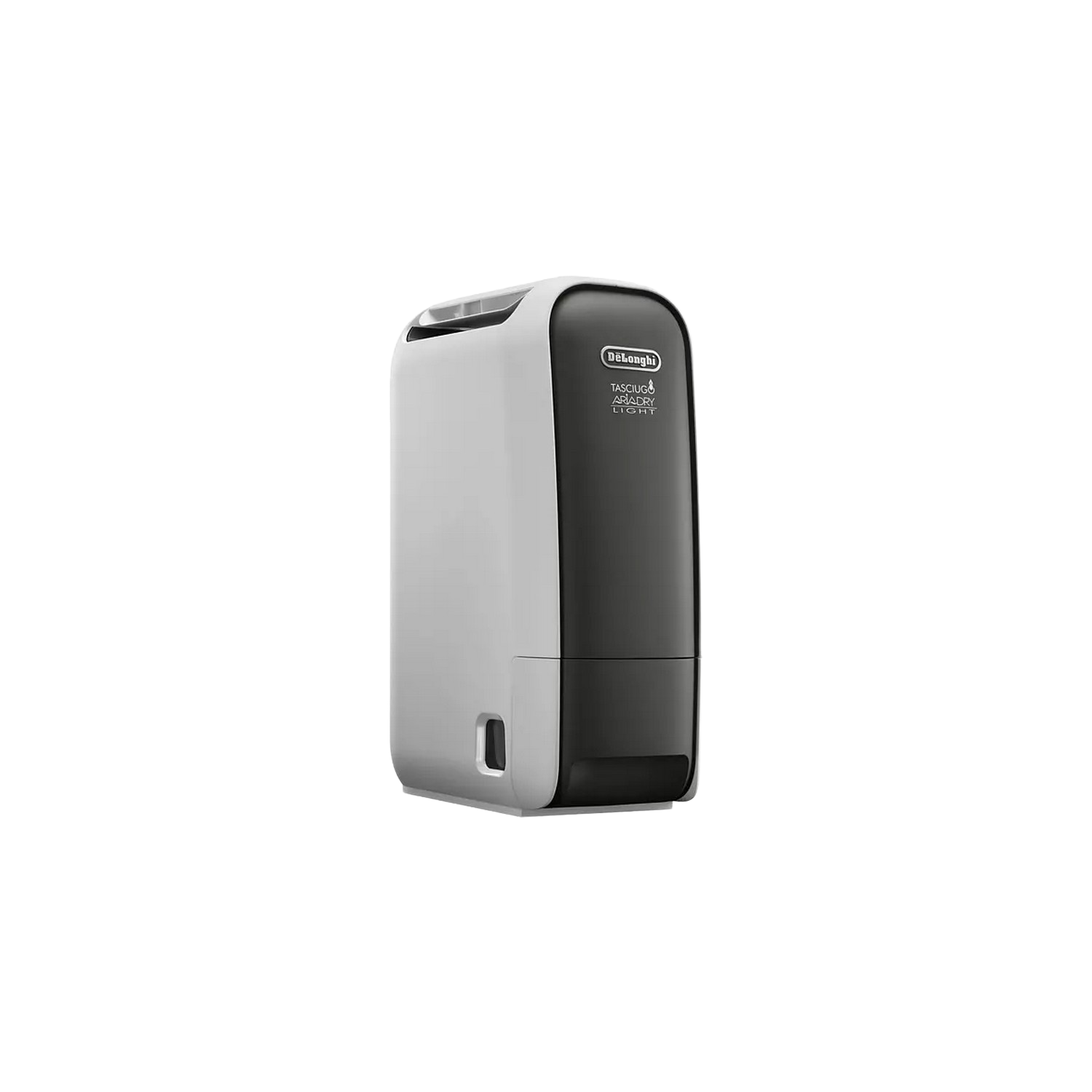 Deshumidificador DeLonghi. Diseño blanco y negro. Aislado sobre fondo negro.