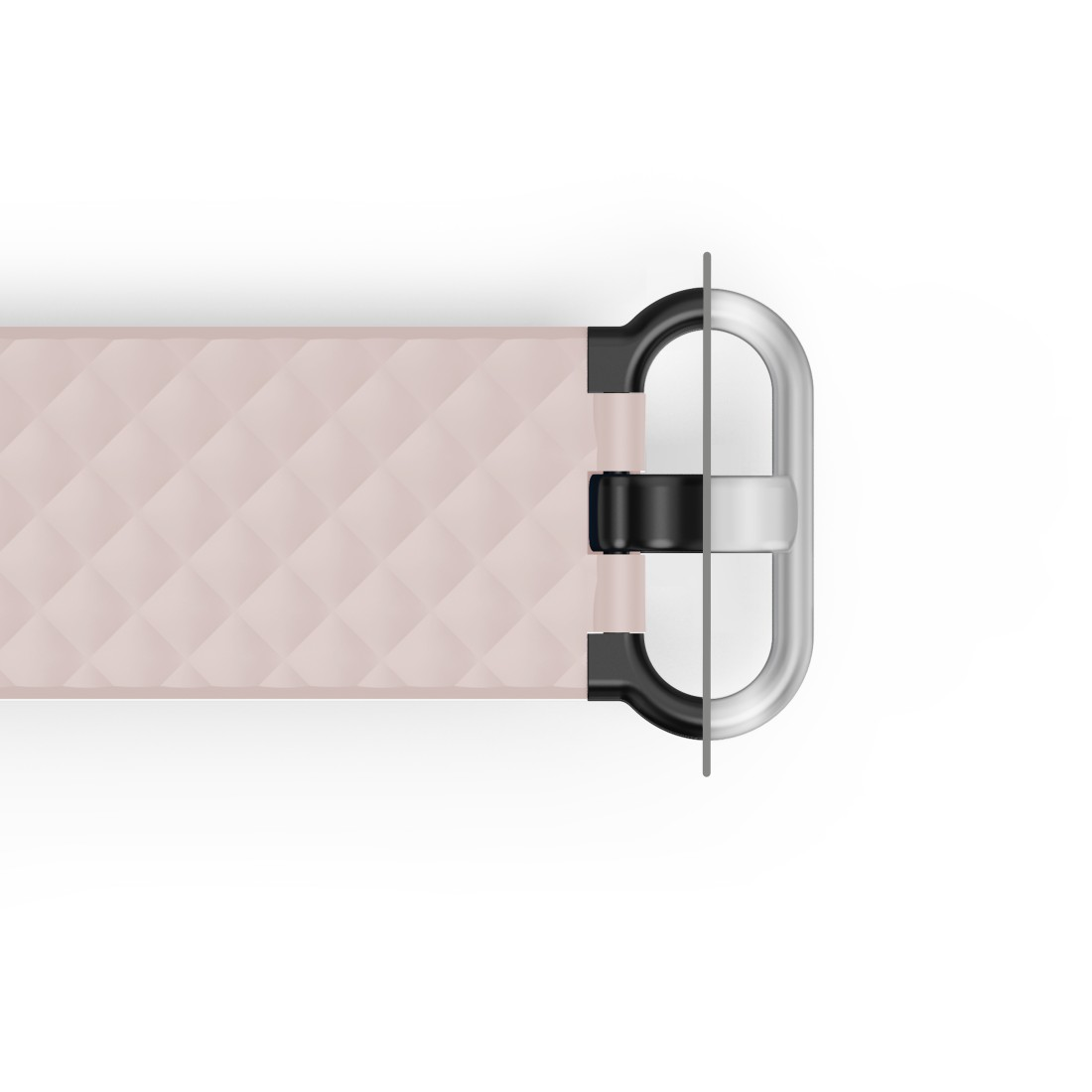 Ein rosa Uhrenarmband mit silberner Schließe, Nahaufnahme.