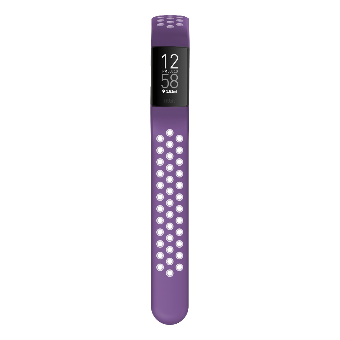 Lila Fitbit mit einem Bildschirm, der die Zeit anzeigt, und einem perforierten Armband.