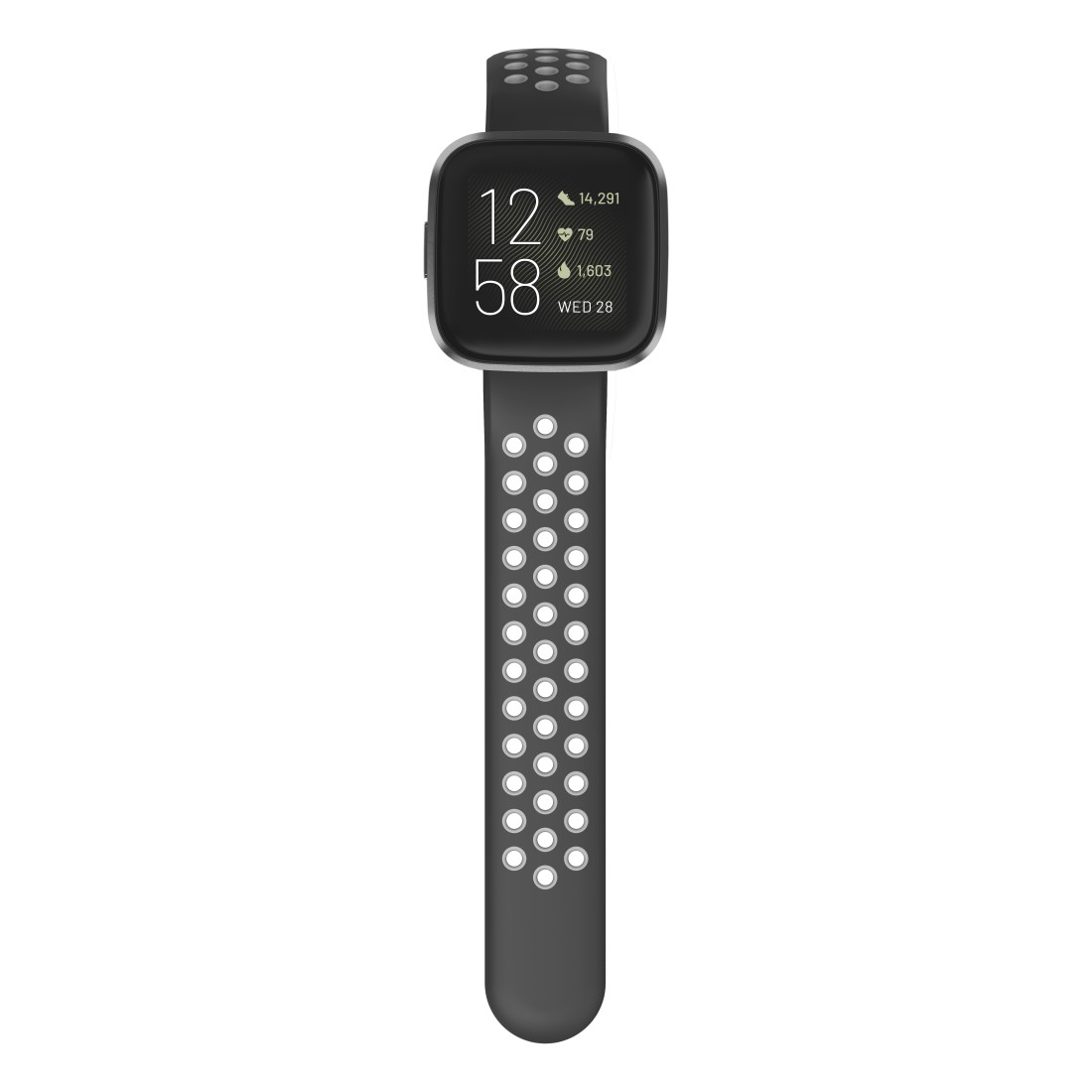 Schwarze Smartwatch mit grauem Armband. Zeigt Zeit und Fitnessdaten an.