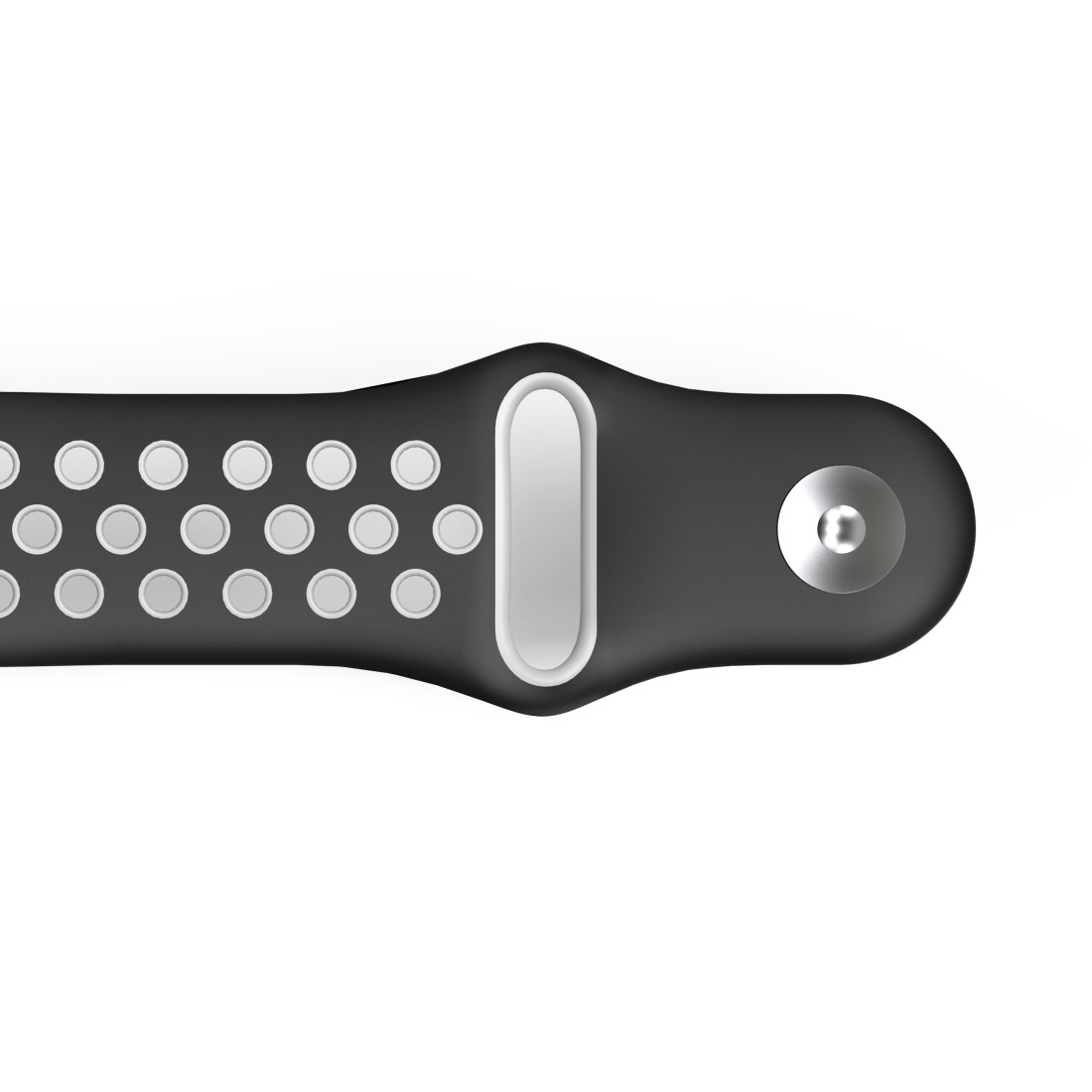 Schwarz-weißes Uhrenarmband. Es hat Löcher und eine Metallschnalle.