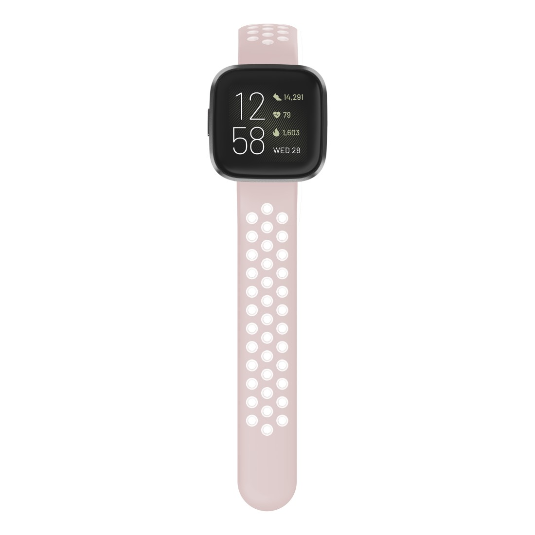 Ein rosa Fitnesstracker mit schwarzem Bildschirm und rosa perforiertem Armband.