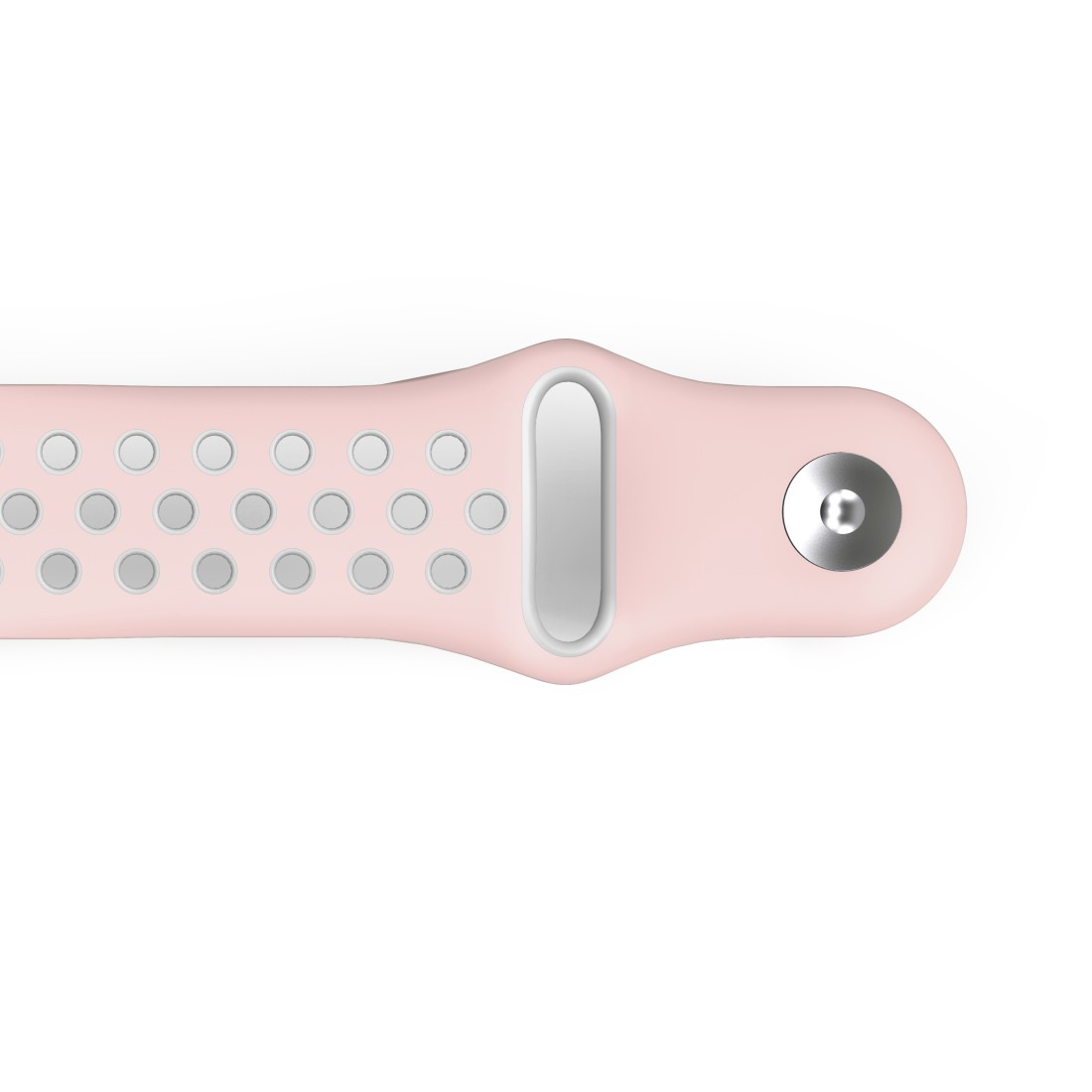 Ein rosa-weißes Uhrenarmband. Das Armband befindet sich auf weißem Hintergrund.