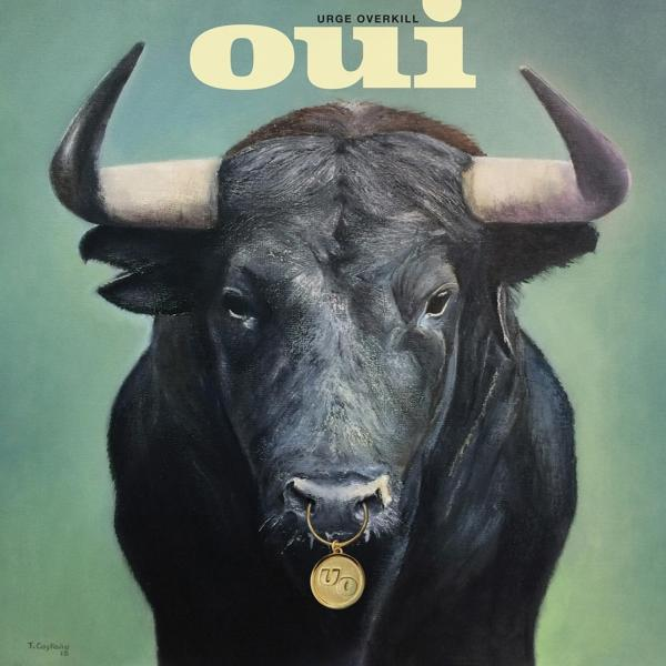 Gros plan d'un taureau noir avec de grandes cornes et un anneau dans le nez. Le texte "OUI" est au-dessus.