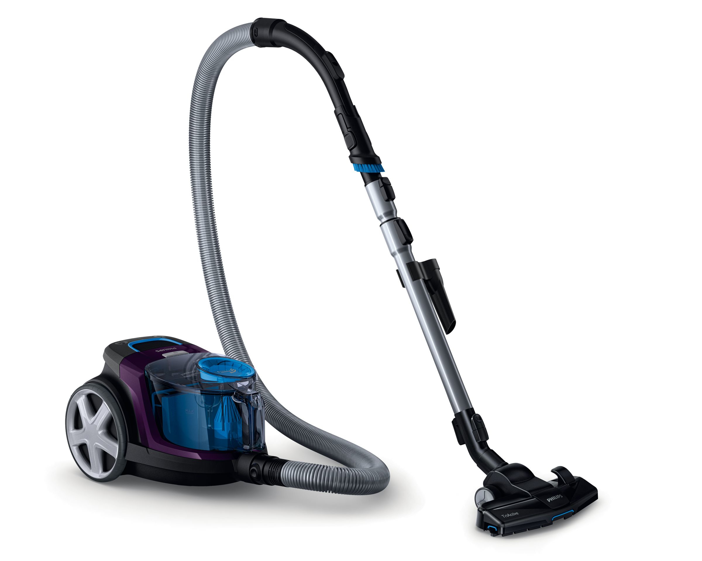 A black and purple vacuum cleaner with a long hose and a brush attachment.